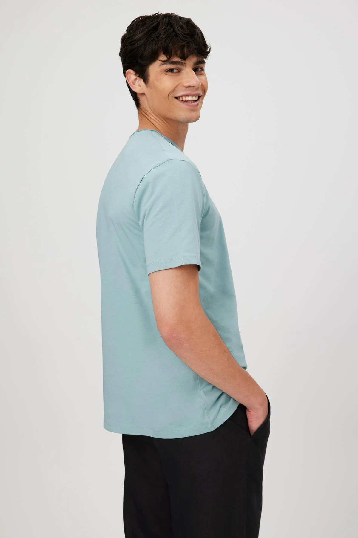 Raw Edge Yaka Basic Comfort Fit T-Shirt - AÇIK MAVİ