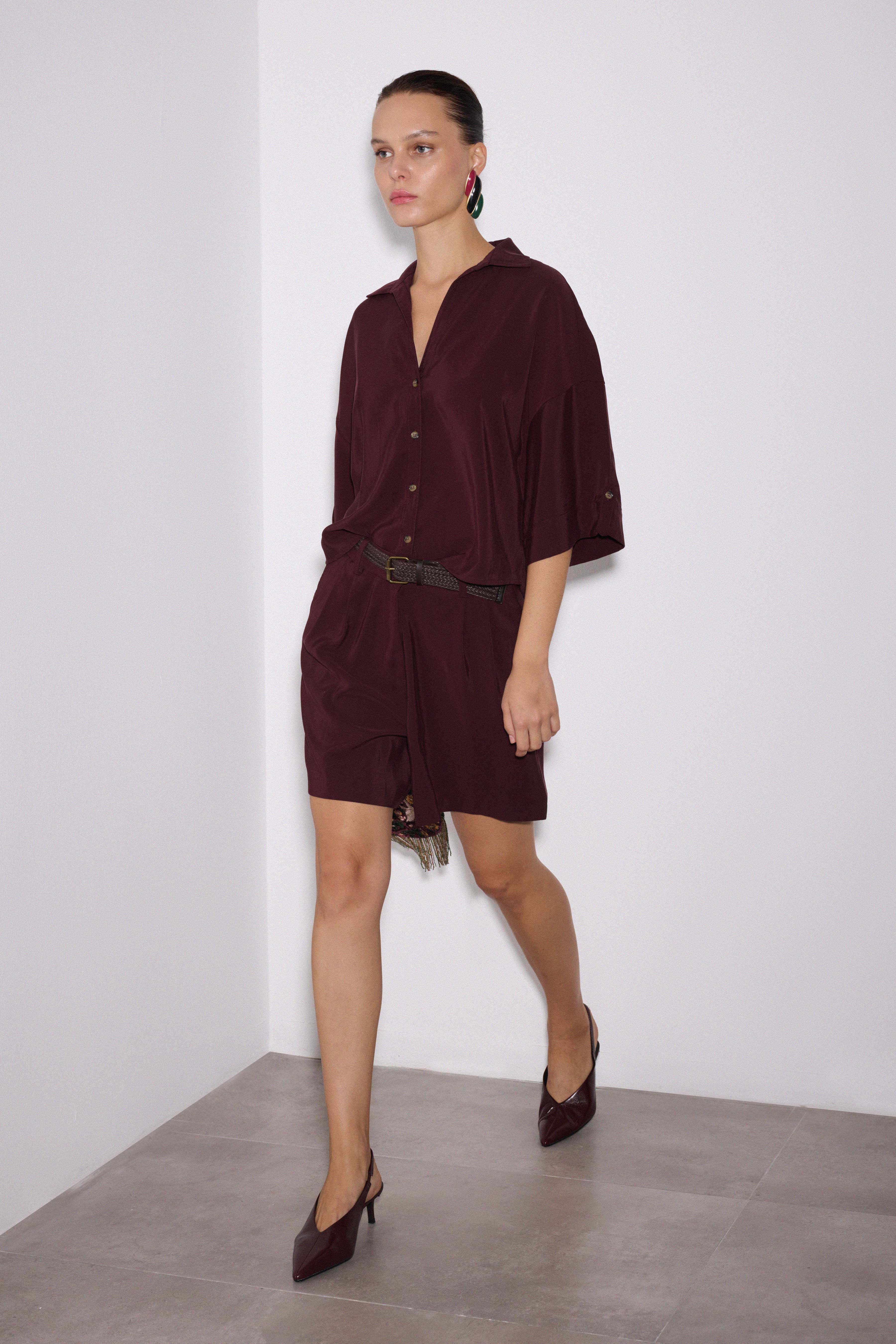 Modal V Yaka Gömlek - BORDO