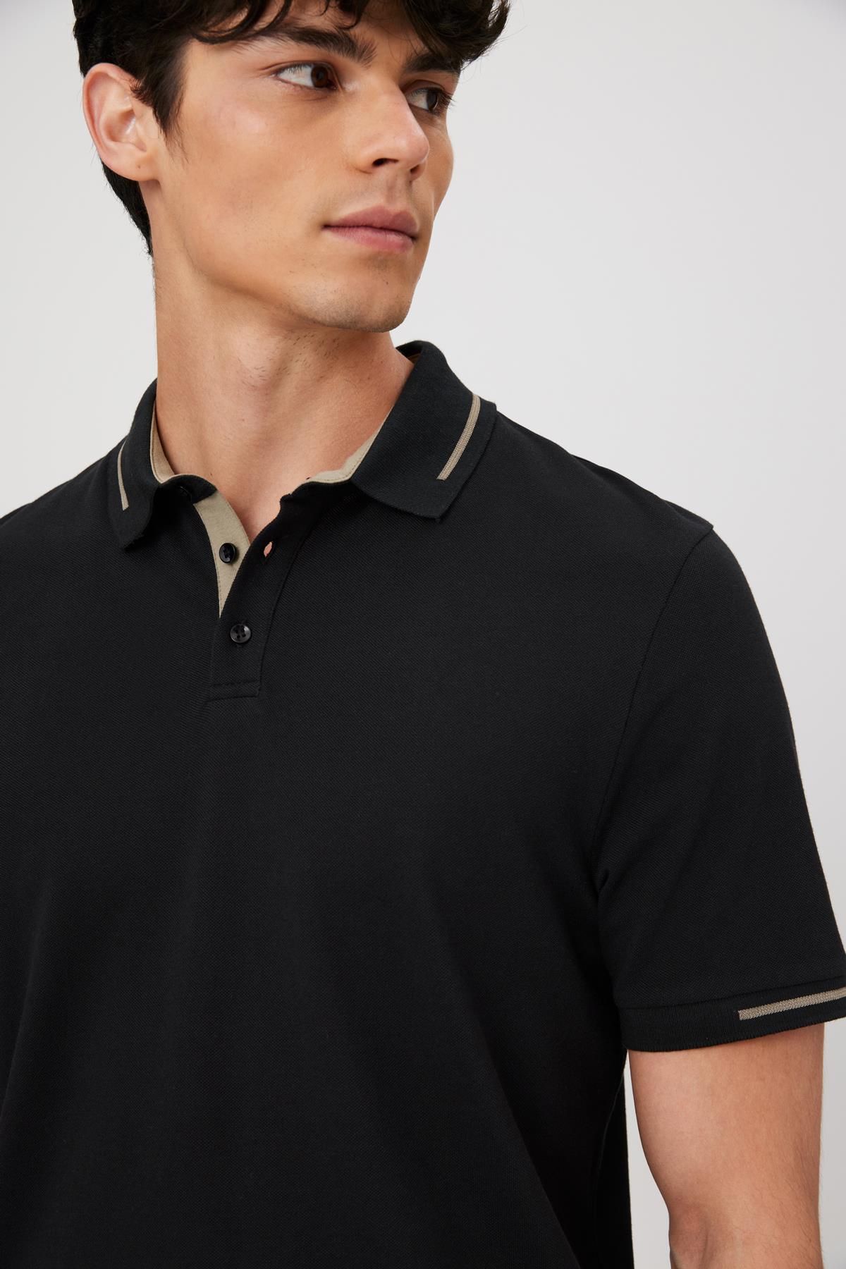 Çizgili Triko Yaka Kısa Kol Polo - SİYAH