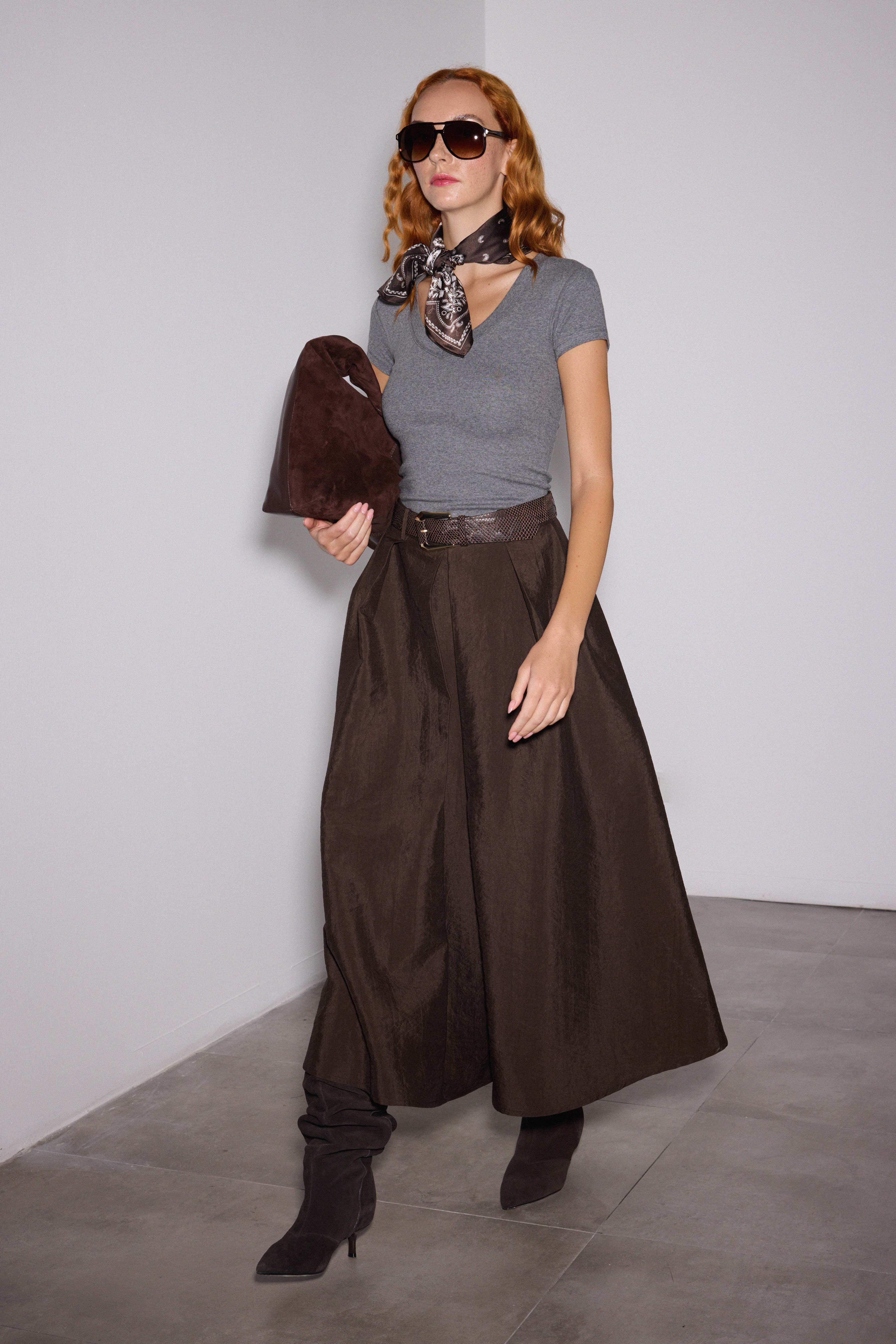 Pileli Maxi Etek - KAHVERENGİ