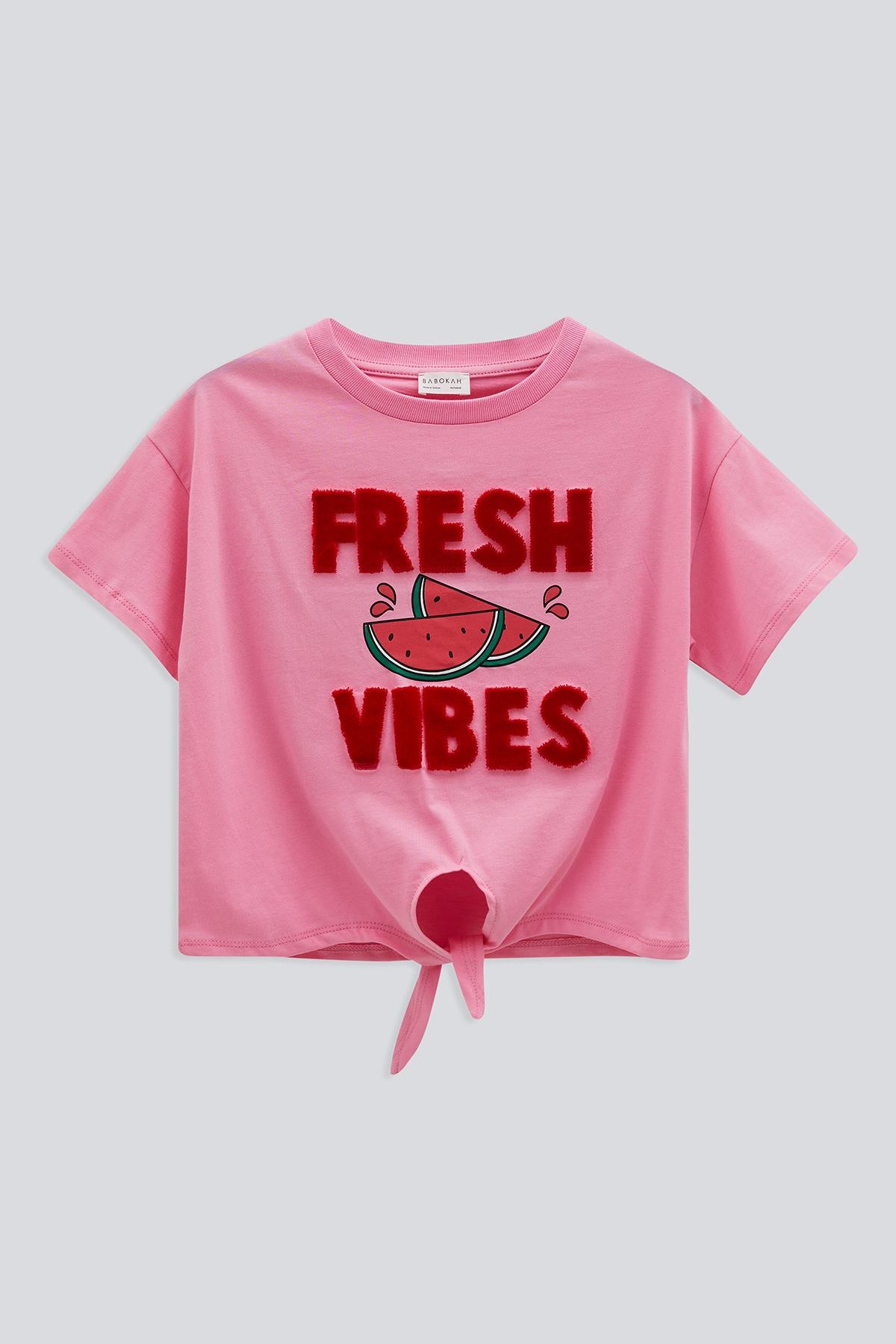 (Kids Girl) Meyve Nakışlı Düğümlü Crop T-shirt