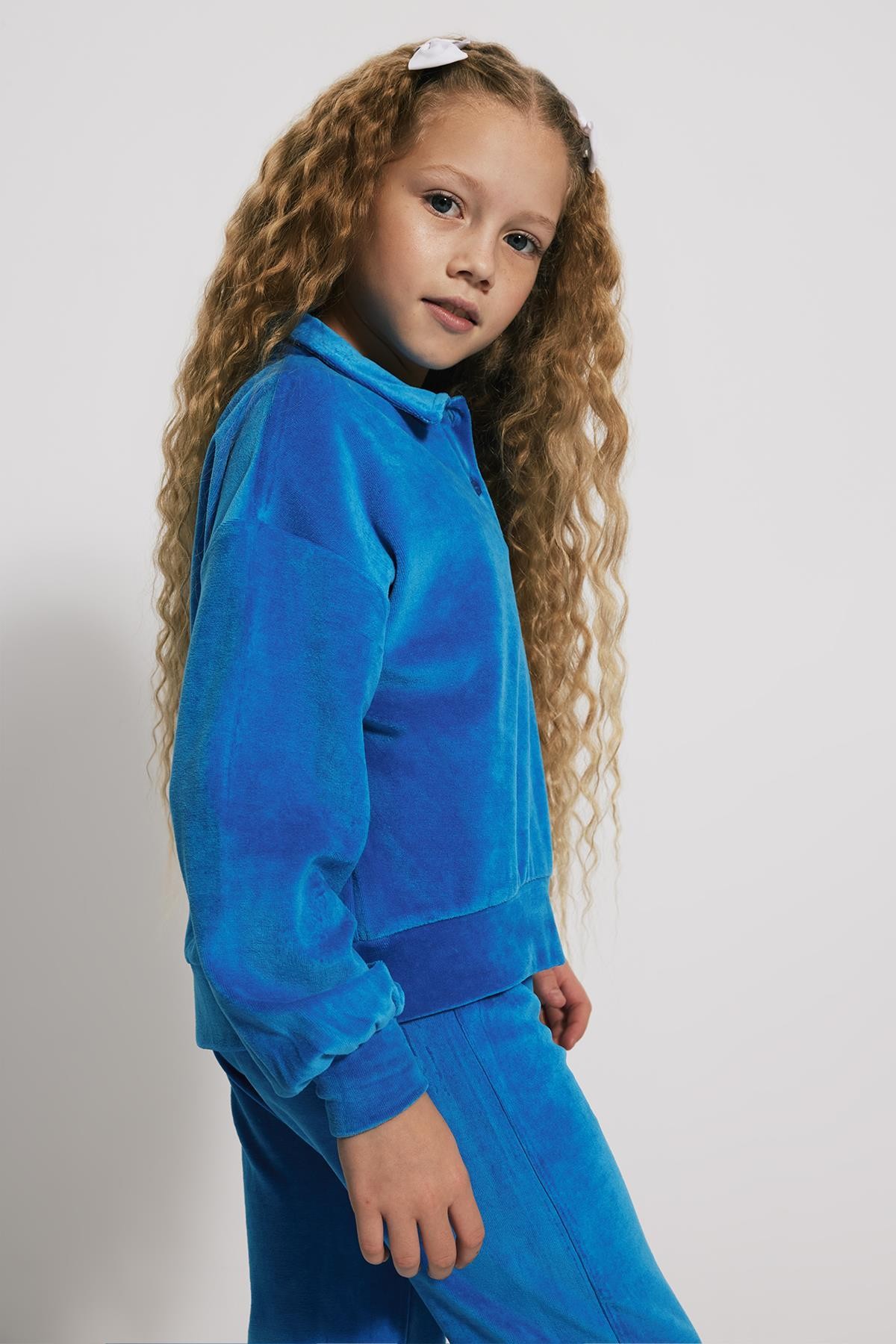 (Kids Girl) Polo Yaka Kadife Mavi Sweatshirt