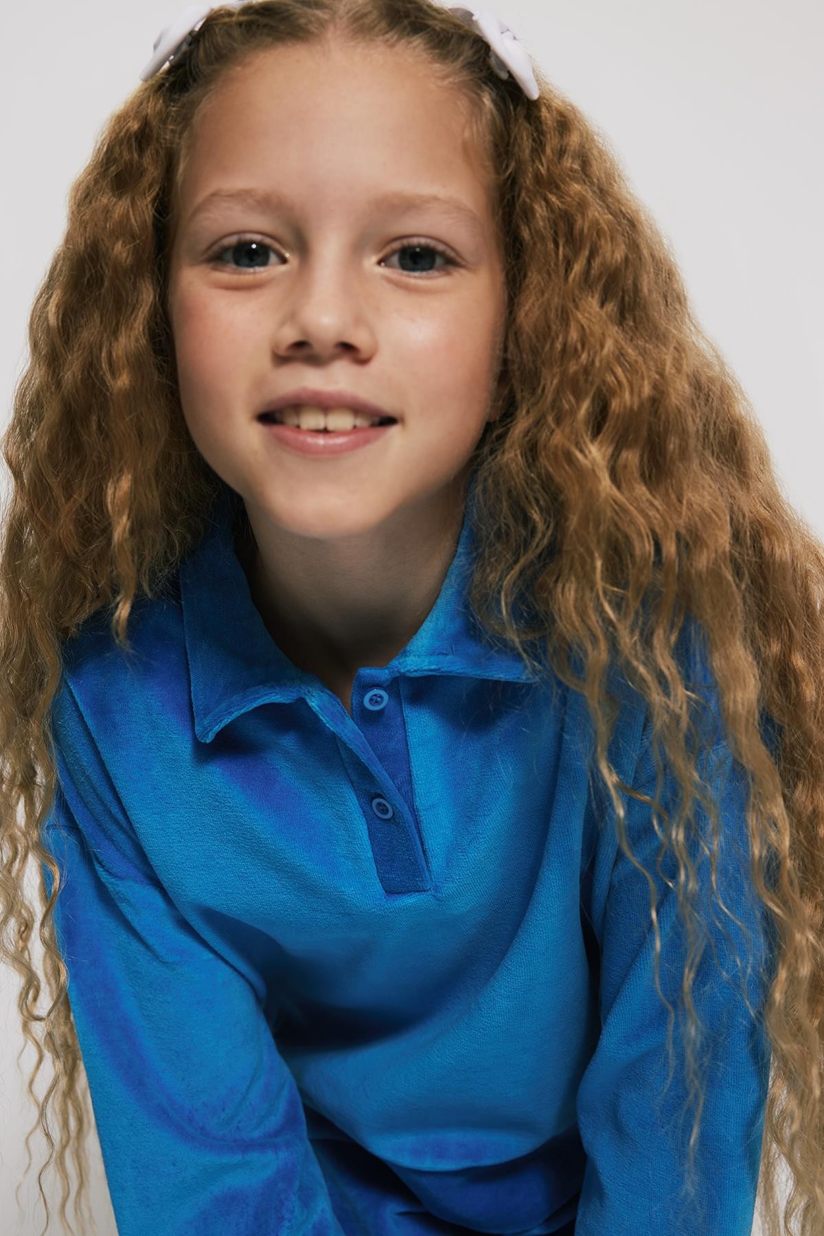 (Kids Girl) Polo Yaka Kadife Mavi Sweatshirt