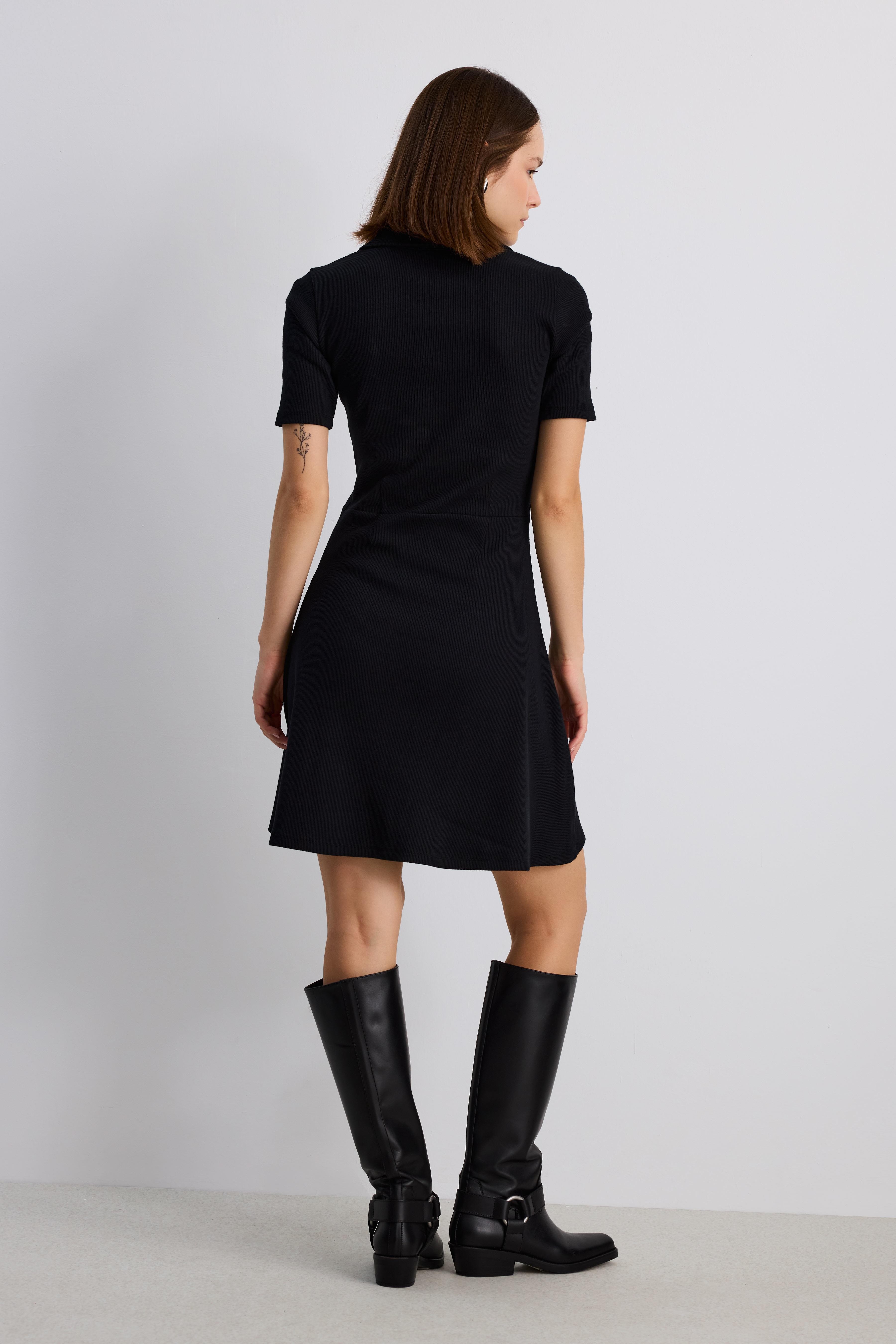 Polo Yaka Fitilli Elbise - SİYAH