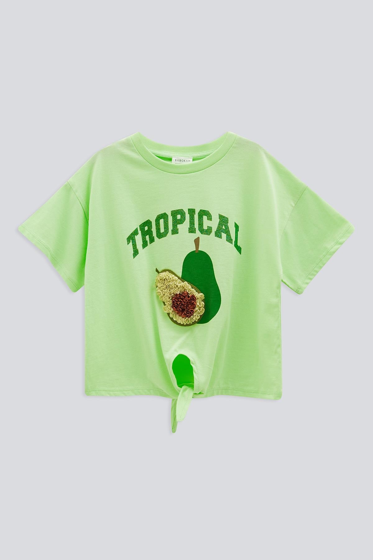 (Kids Girl) Meyve Nakışlı Düğümlü Crop Tshirt - AÇIK YEŞİL