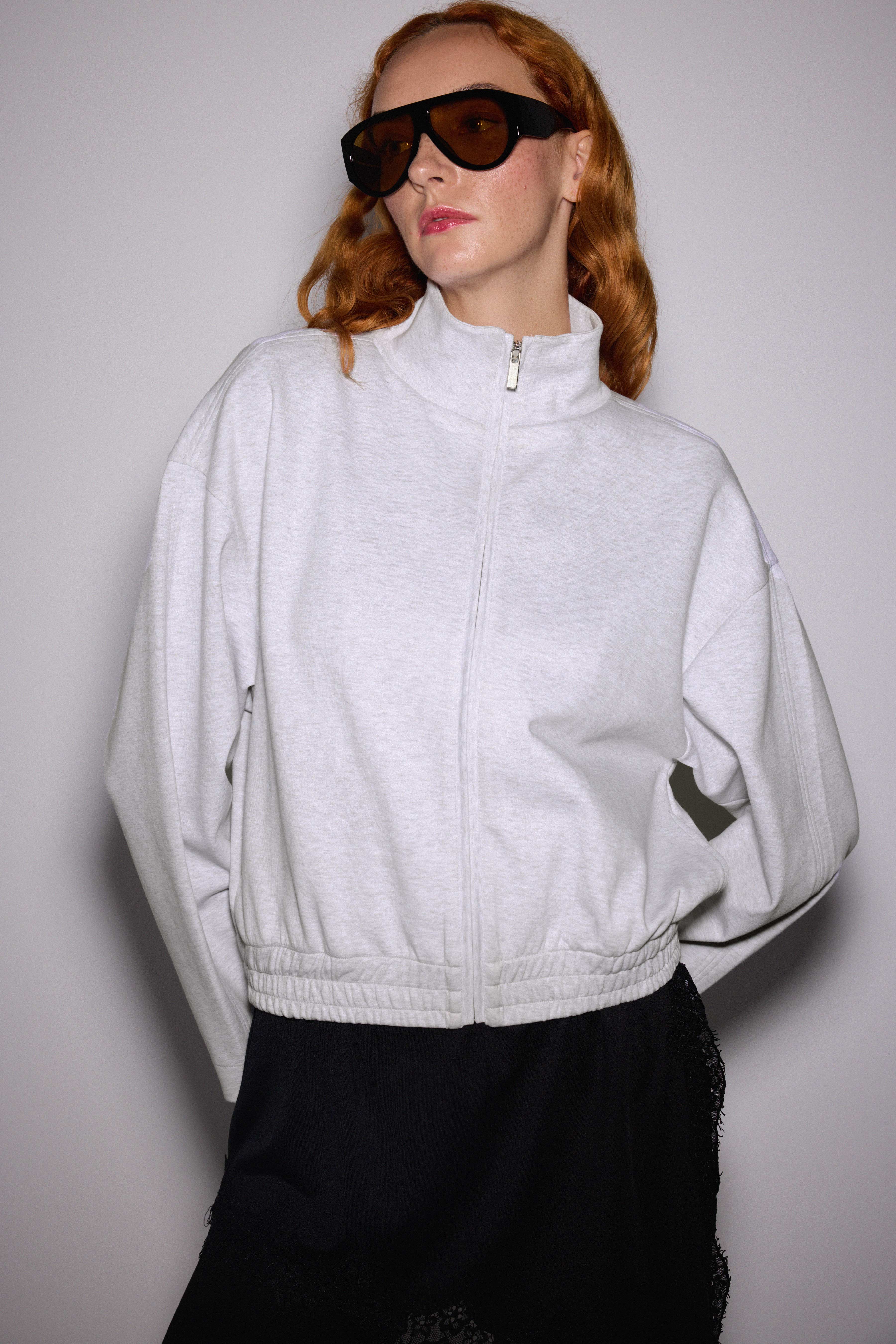 Dik Yaka Fermuarlı İnterlok Sweat Ceket - AÇIK GRİ MELANJ