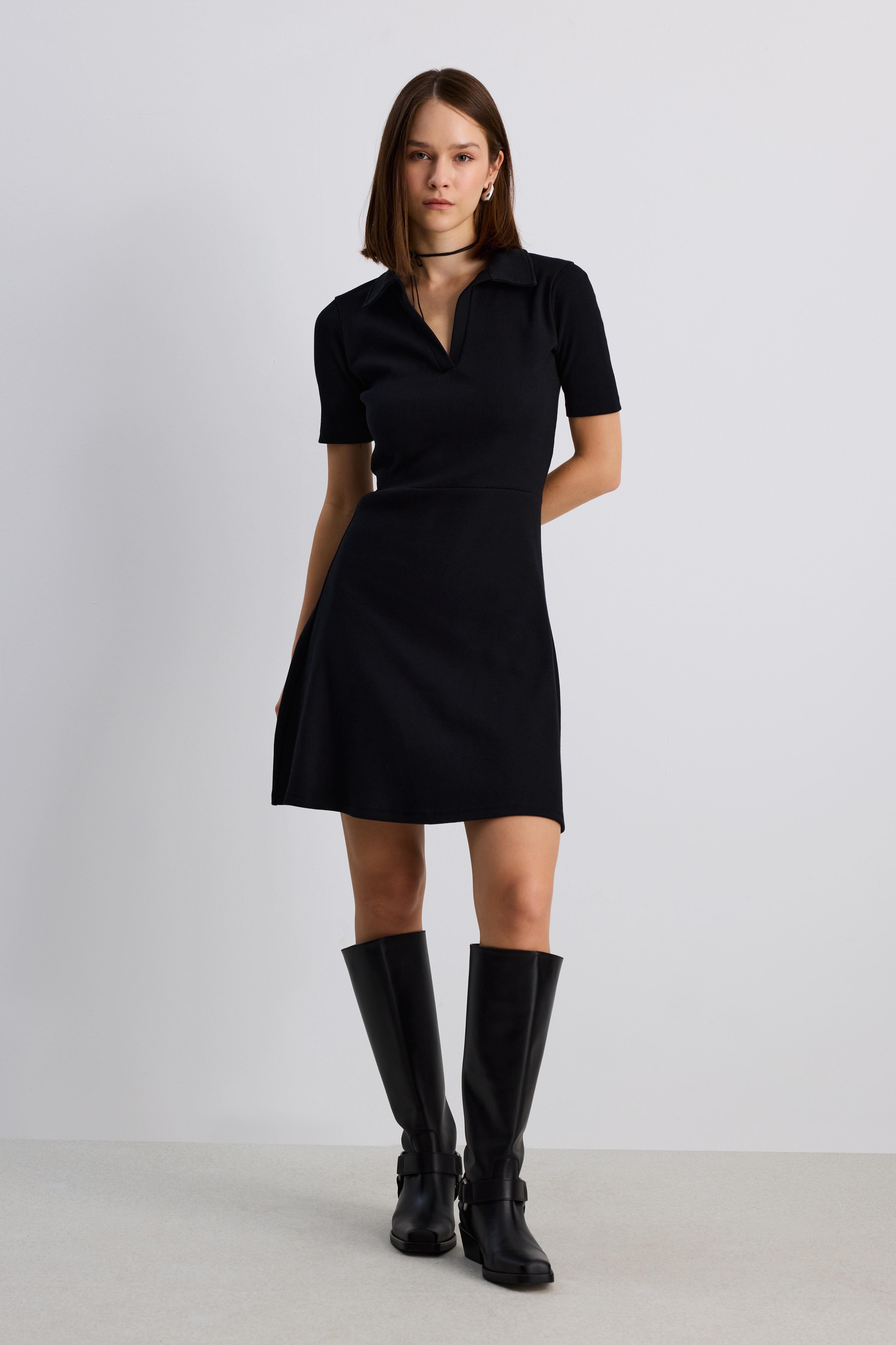 Polo Yaka Fitilli Elbise - SİYAH