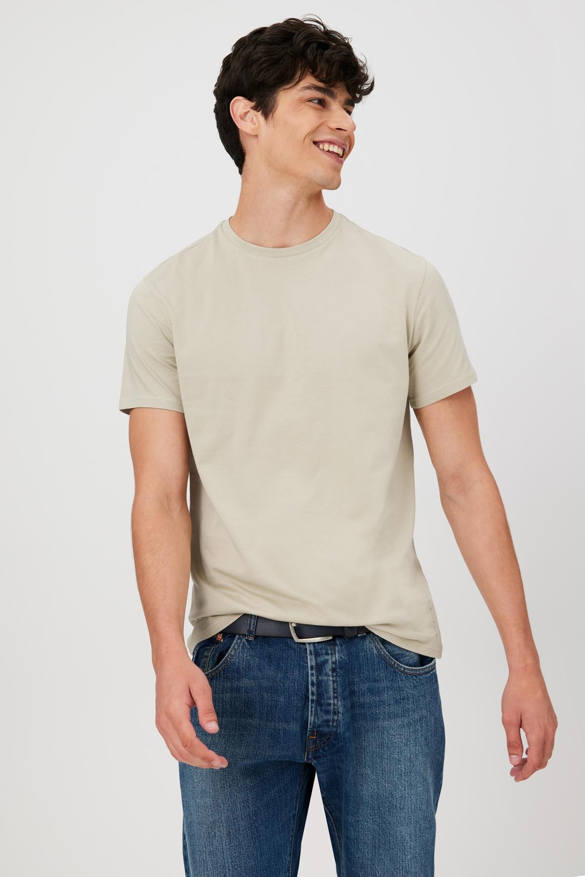 Basic Regular Fit Kısa Kol T-Shirt - AÇIK HAKİ