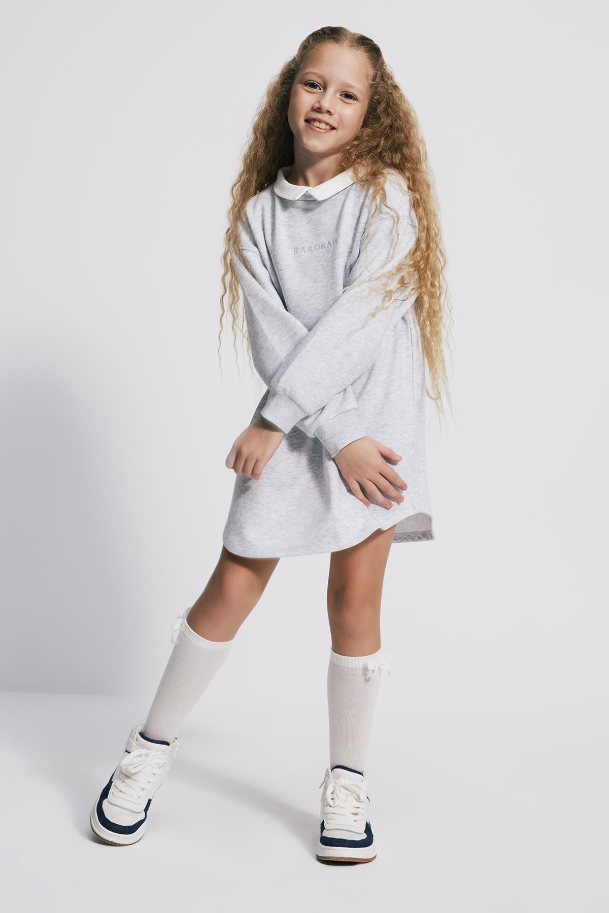 (Kids Girl) Yakalı Loose Fit Sweat Gri Melanj Elbise