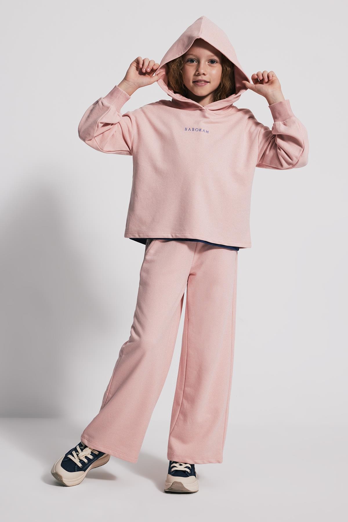 (Kids Girl) Oversize Kapüşonlu Kız Çocuk Sweatshirt - AÇIK PEMBE