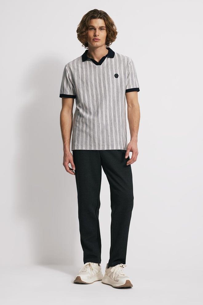 V Yaka Dokulu Comfort Fit Polo - BEYAZ ÇİZGİLİ