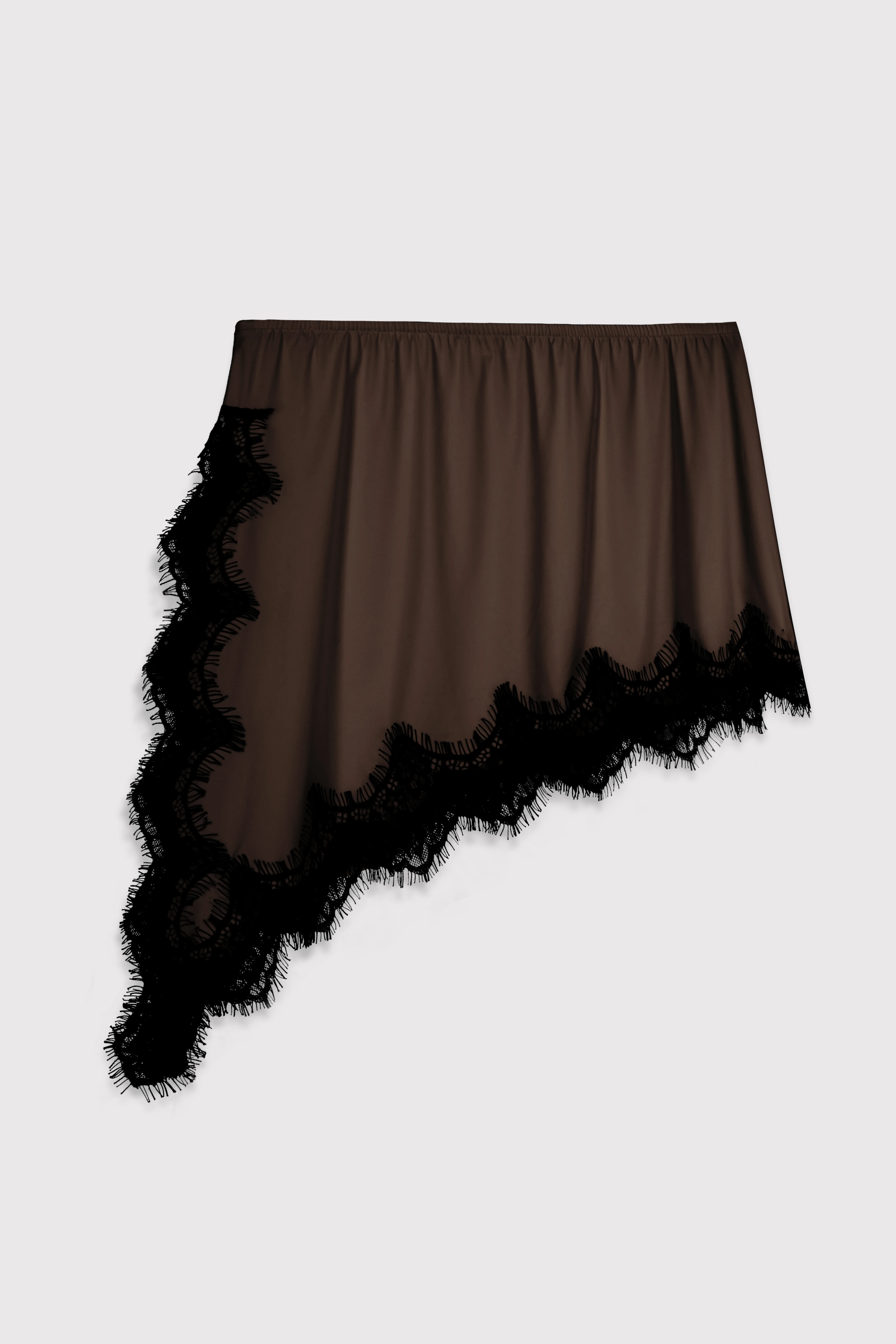 Dantelli Yan Yırtmaçlı Asimetrik Mini Jarse Etek - KAHVERENGİ