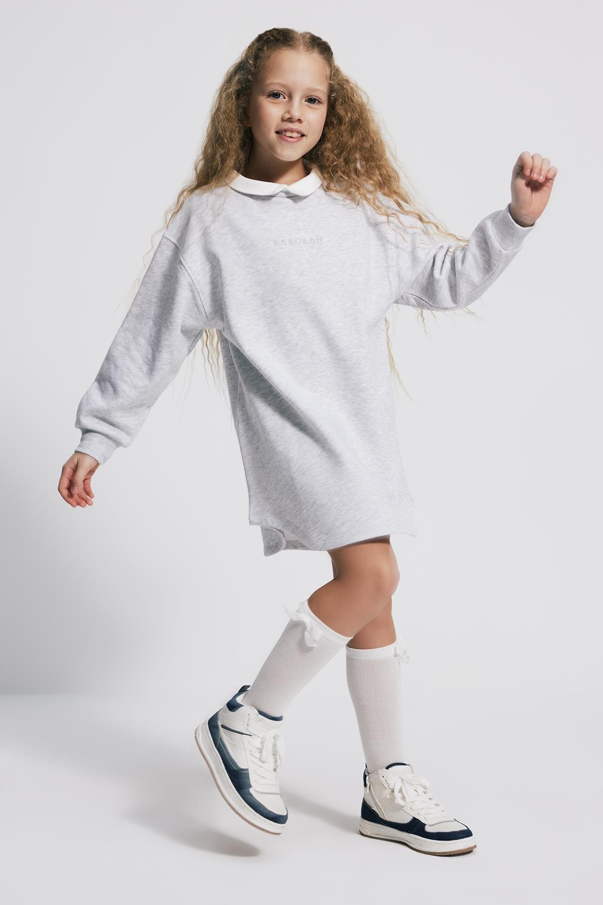 (Kids Girl) Yakalı Loose Fit Sweat Gri Melanj Elbise