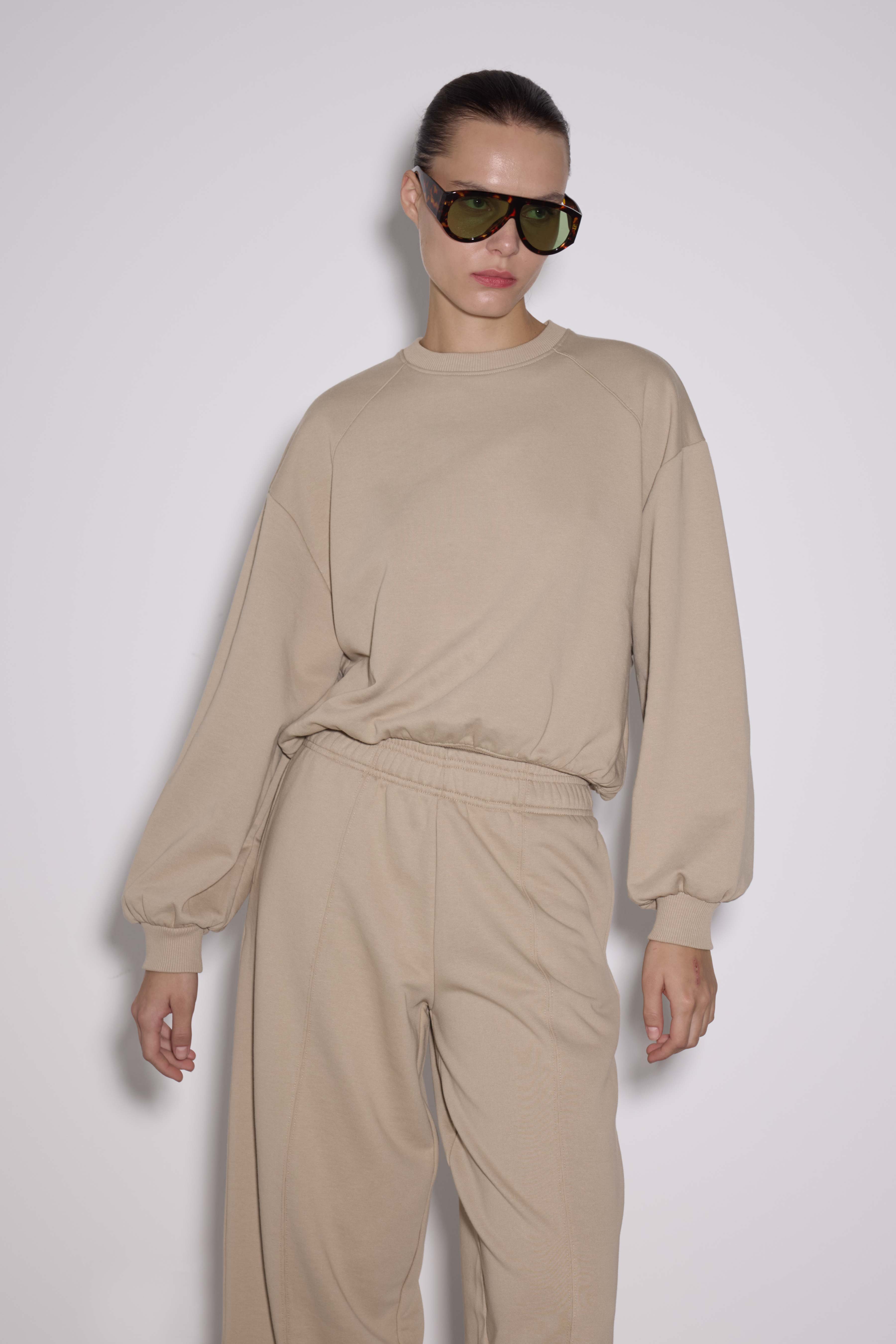 Dikişli Balon Kol Sweatshirt - UÇUK BEJ