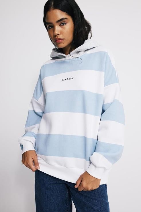  Kontrast Kapüşonlu Oversize Fit  Çizgili Sweatshirt