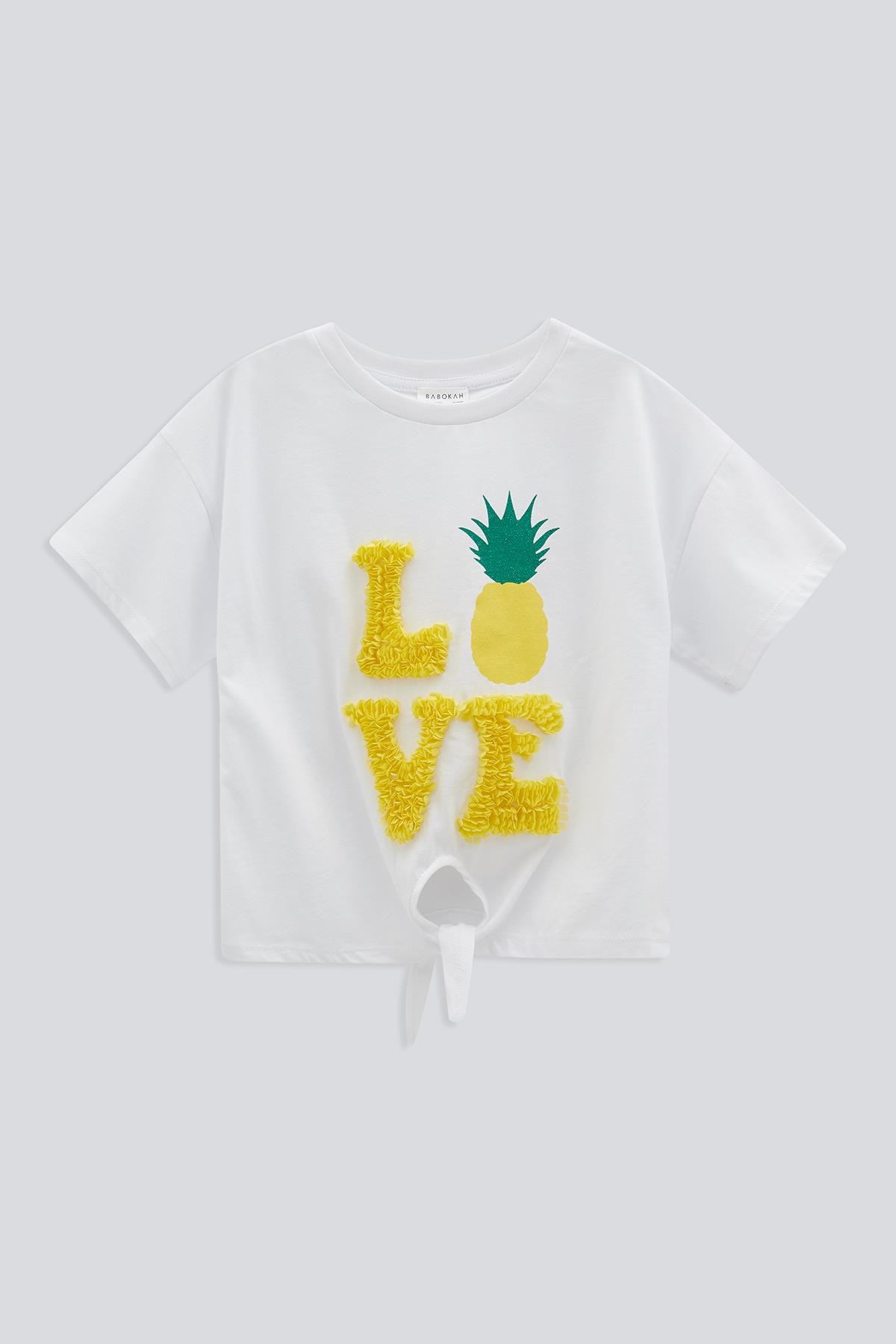 (Kids Girl) Meyve Nakışlı Düğümlü Crop Tshirt - BEYAZ