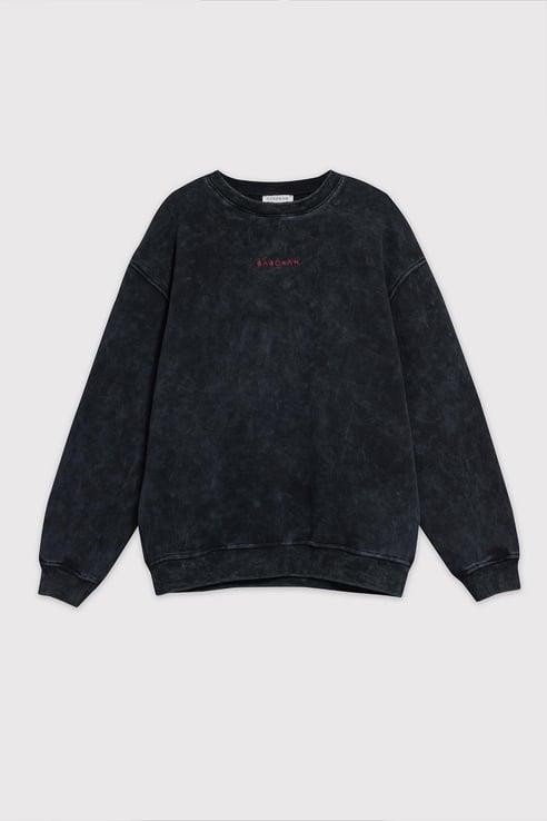 Eskitme Efektli Loose Fit Unisex Sweatshirt - SİYAH
