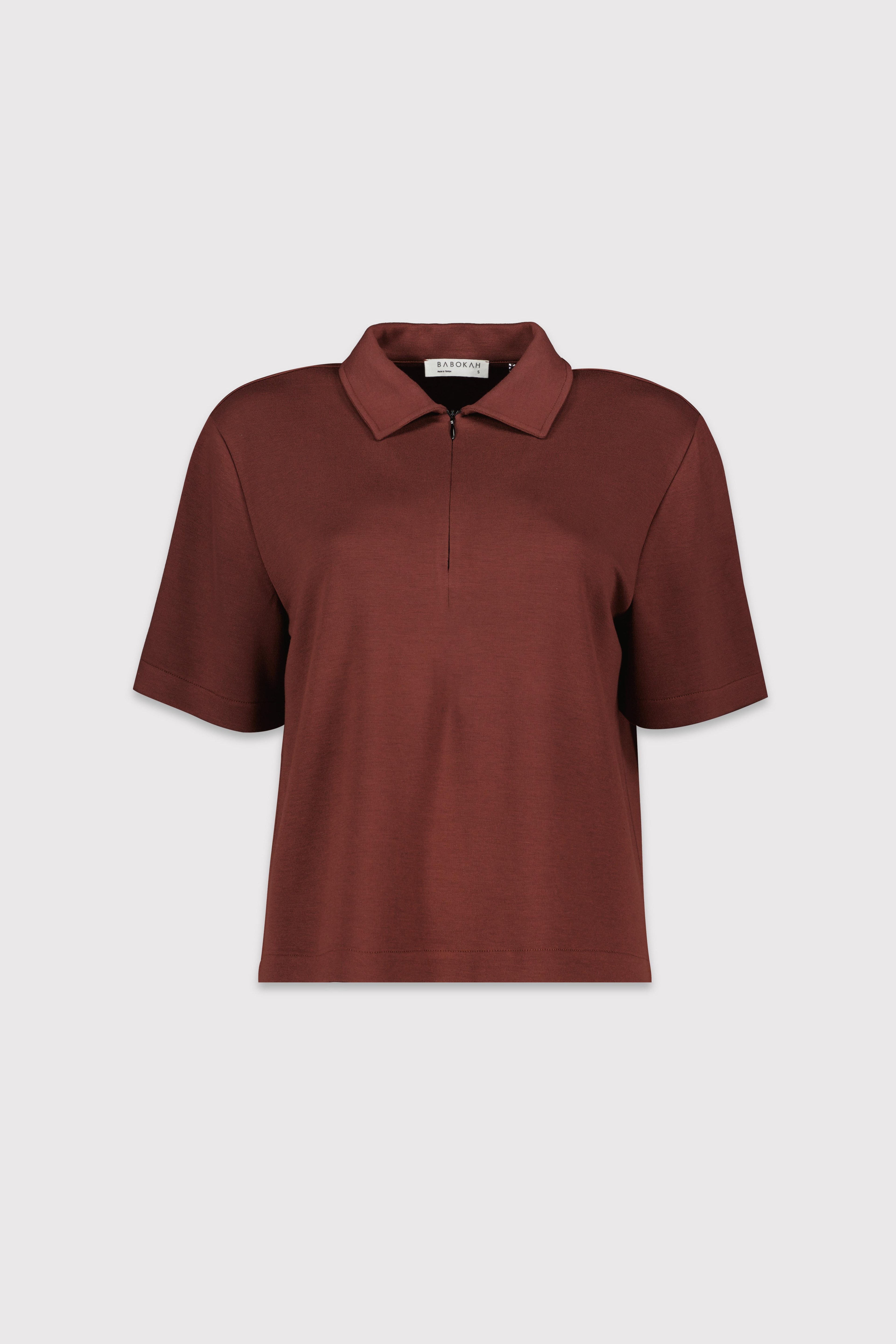 Polo Yaka Fermuarlı Kısa Kol Tshirt - KIZIL KAHVE