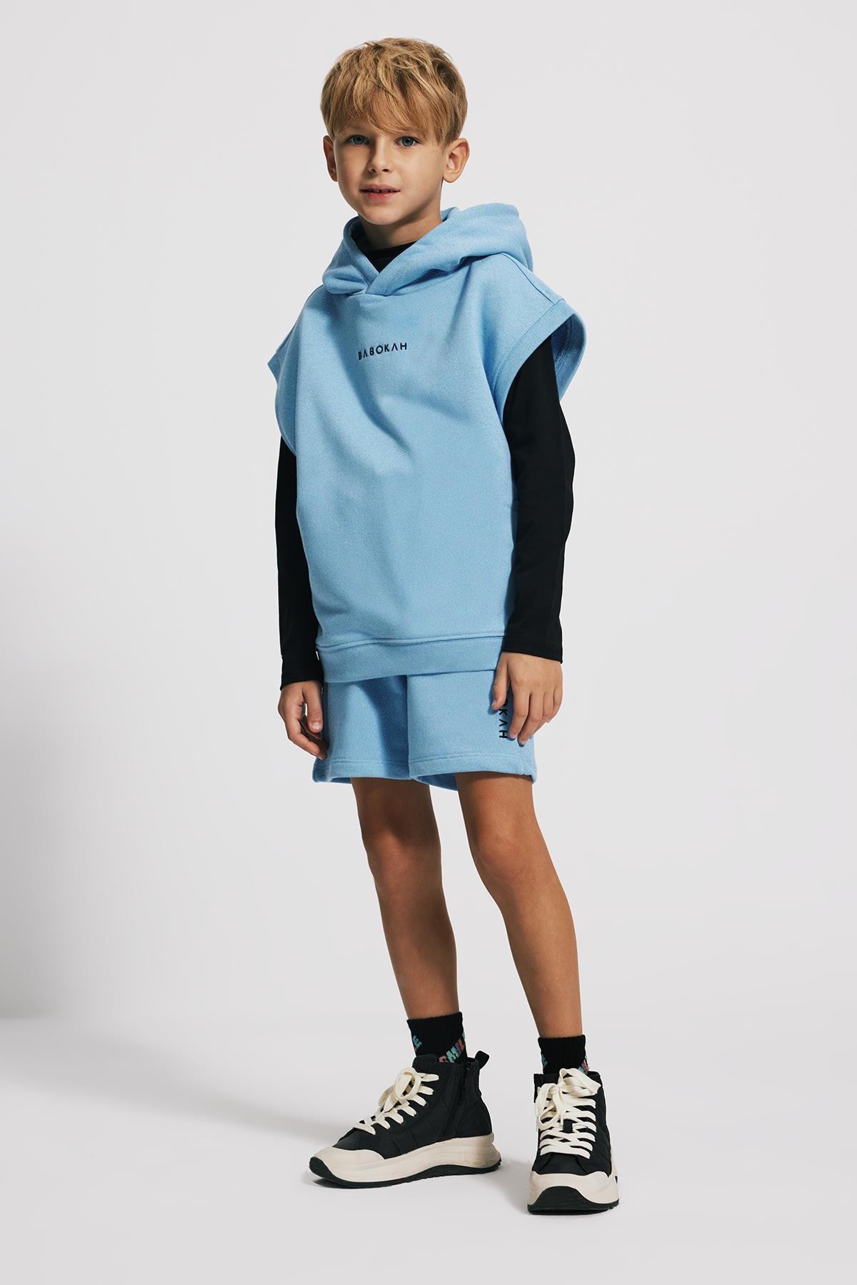 (Kids Boy) Kapüşonlu Loose Fit Kolsuz Sweatshirt - MAVİ