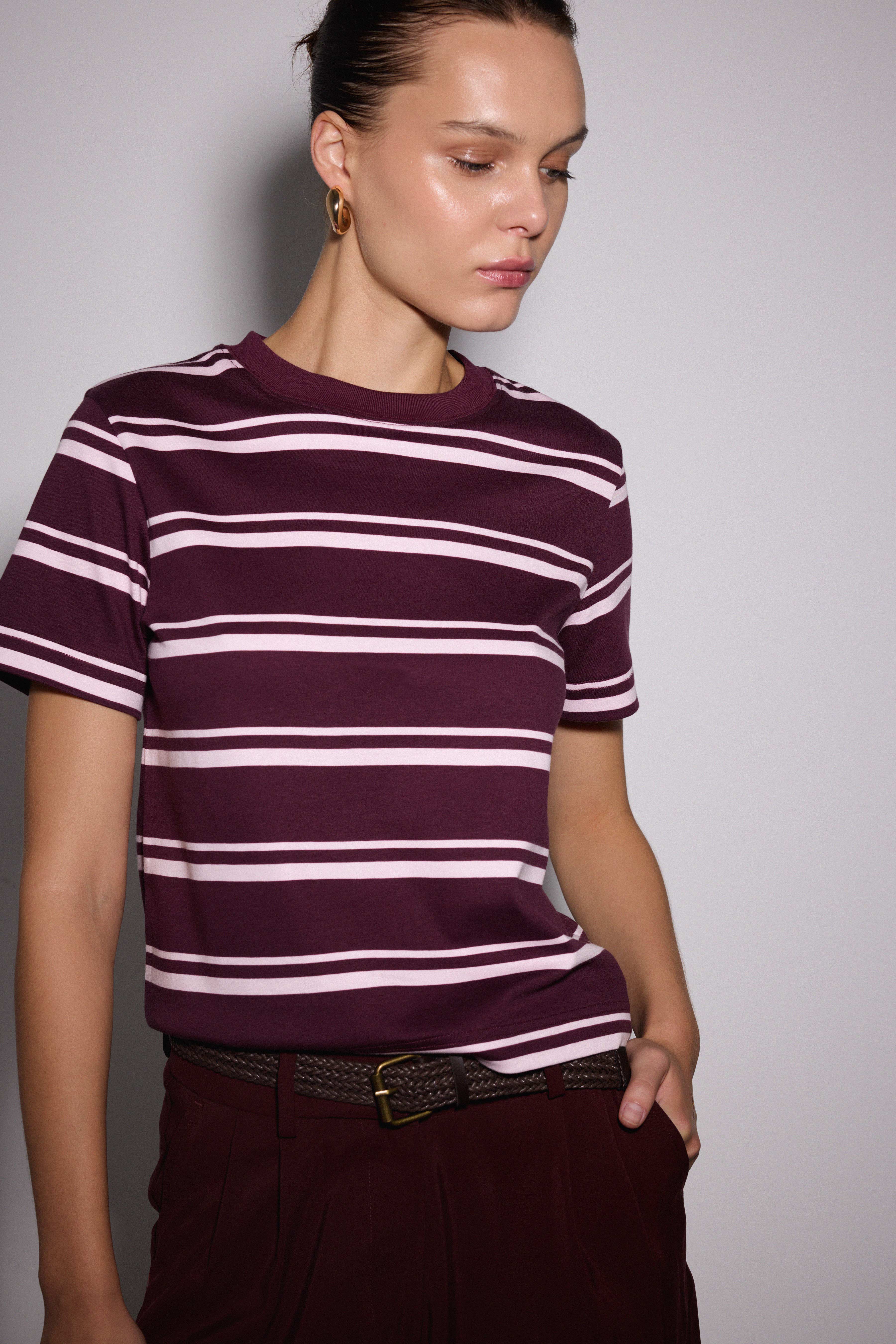 Çizgili Regular Basic Tshirt - BORDO ÇİZGİLİ
