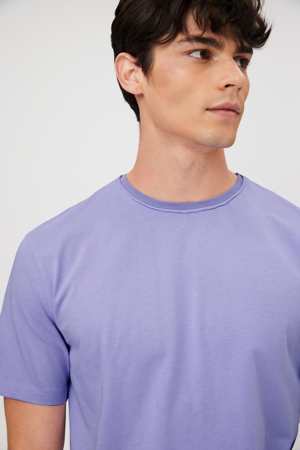 Raw Edge Yaka Basic Comfort Fit T-Shirt - LİLA