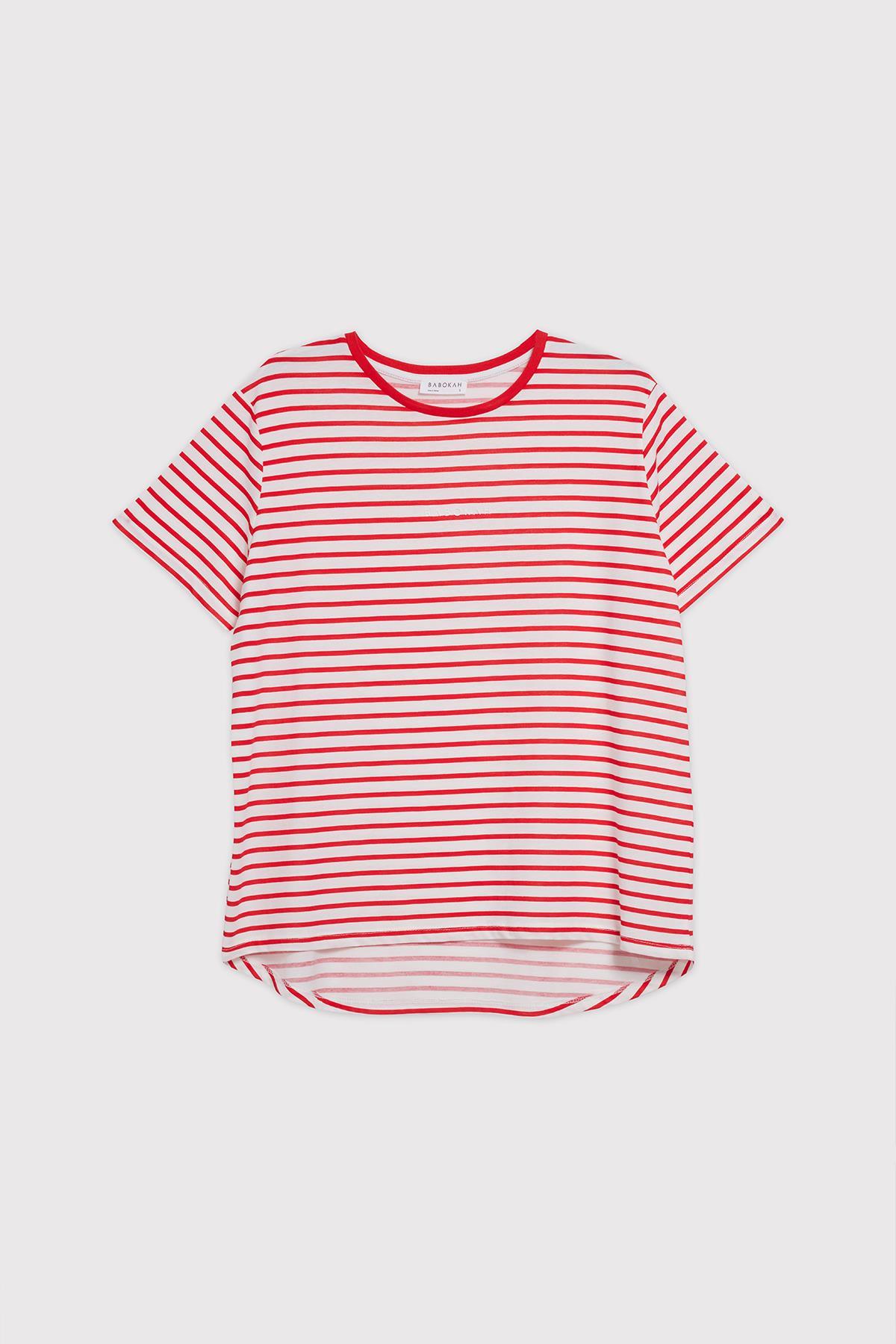 Kısa Kollu Asimetrik Kadın Tshirt - KIRMIZI ÇİZGİLİ