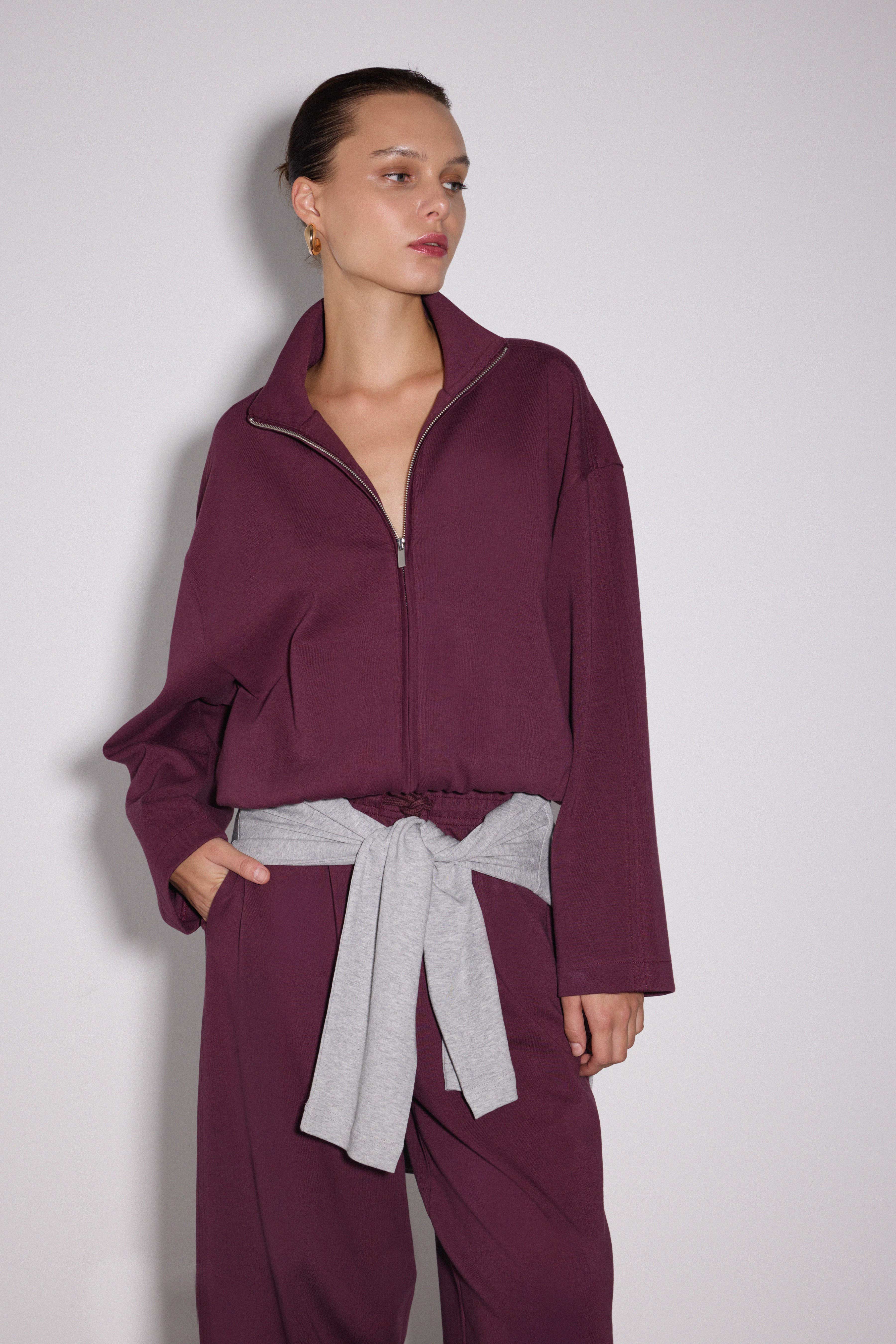 Dik Yaka Fermuarlı İnterlok Sweat Ceket - MÜRDÜM