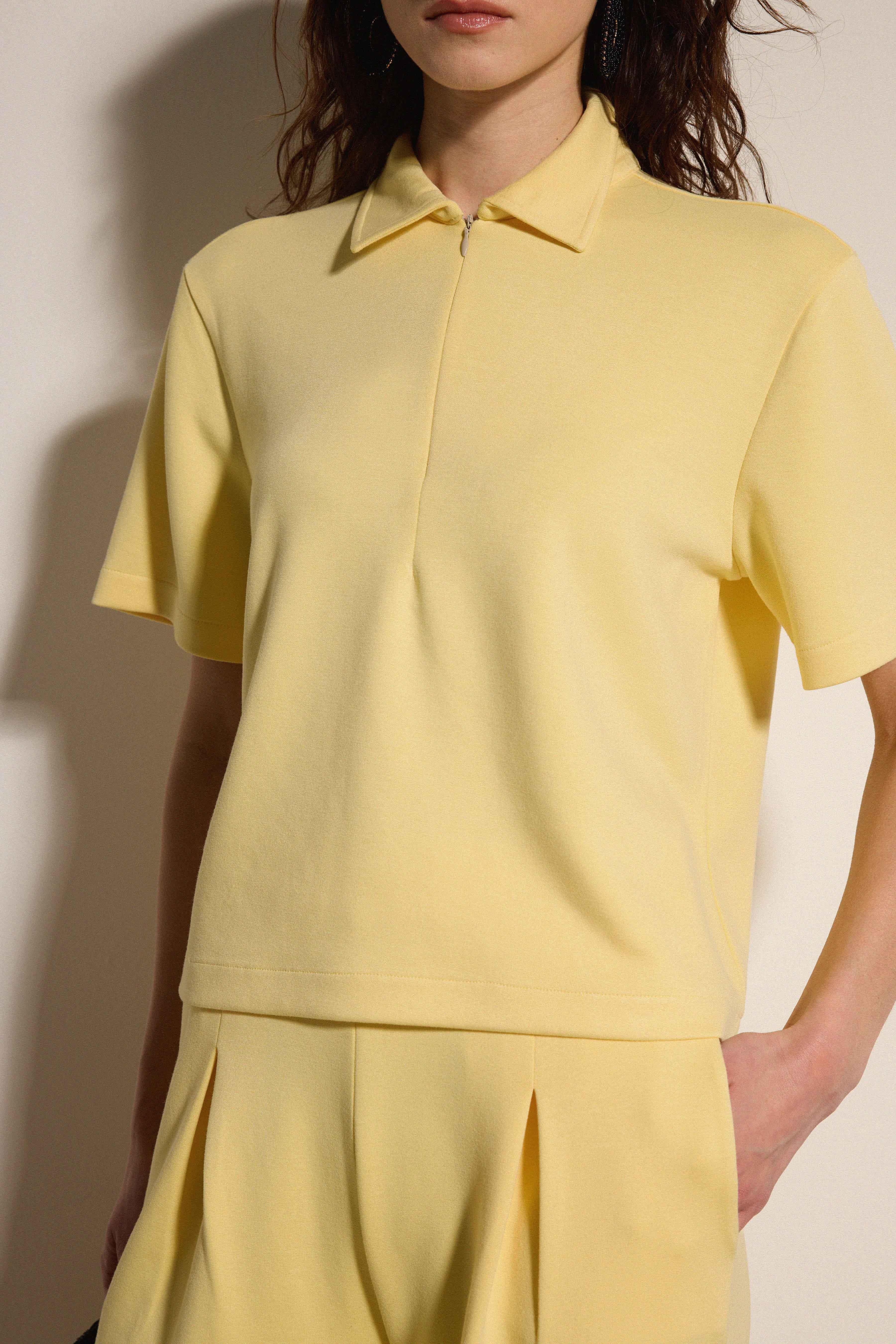 Polo Yaka Fermuarlı Kısa Kol Tshirt - SARI