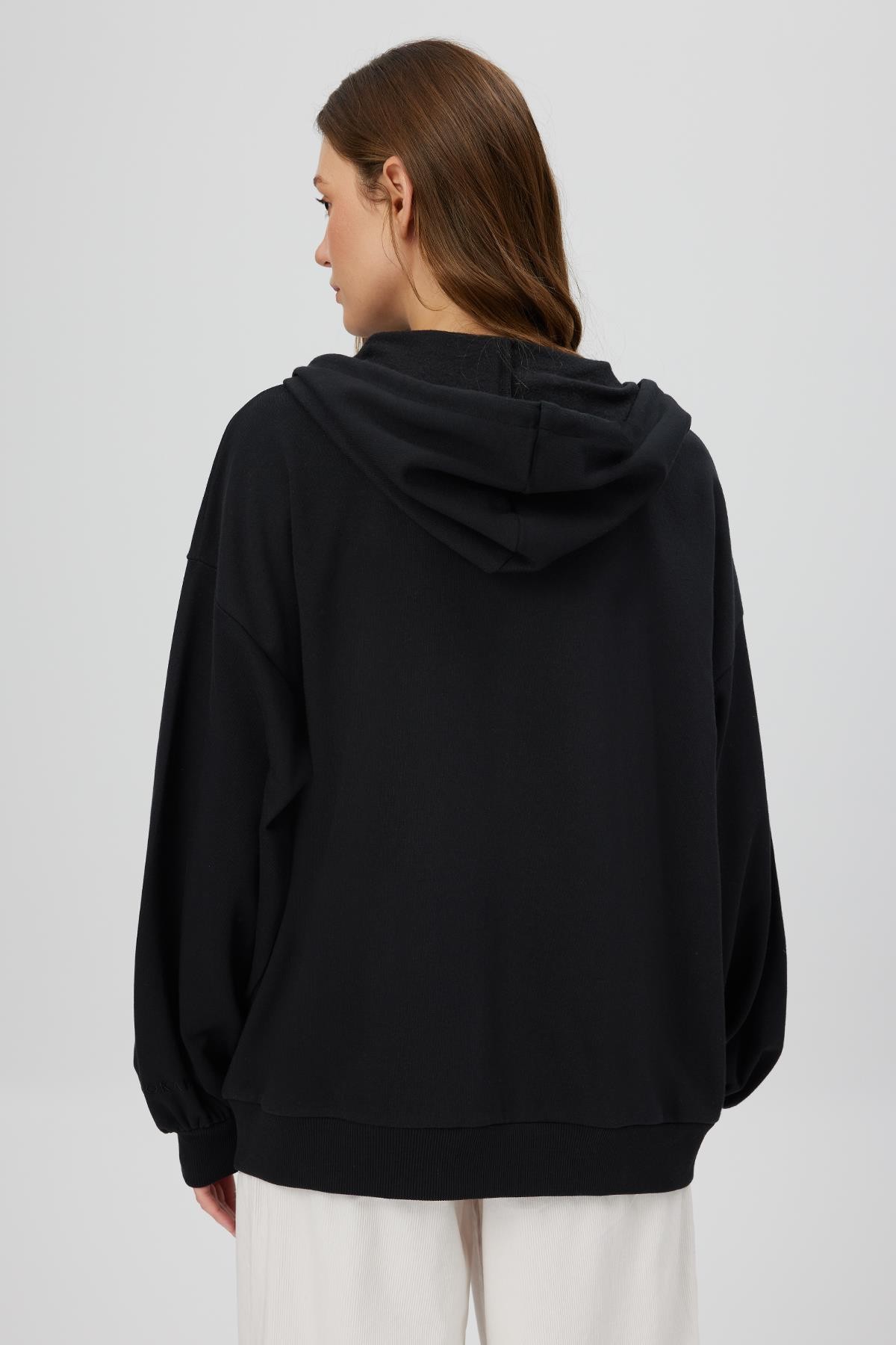 Fermuarlı Kapüşonlu Oversize Sweatshirt