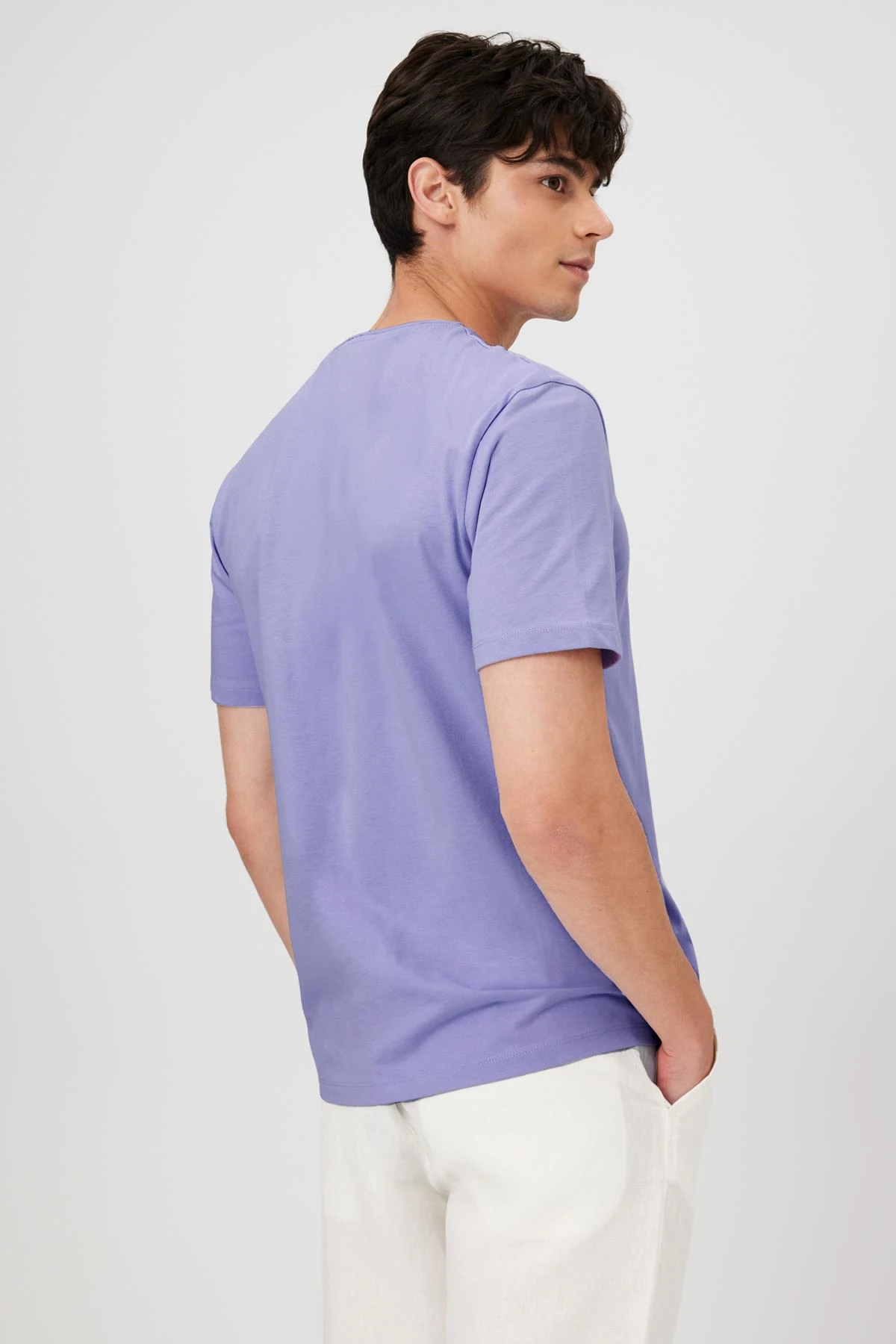 Raw Edge Yaka Basic Comfort Fit T-Shirt - LİLA