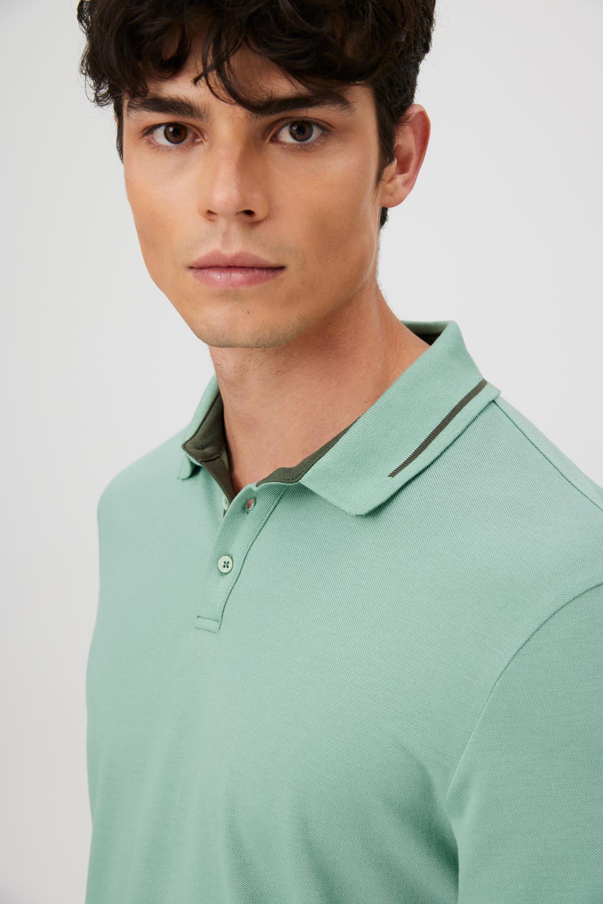 Çizgili Triko Yaka Kısa Kol Polo - YEŞİL