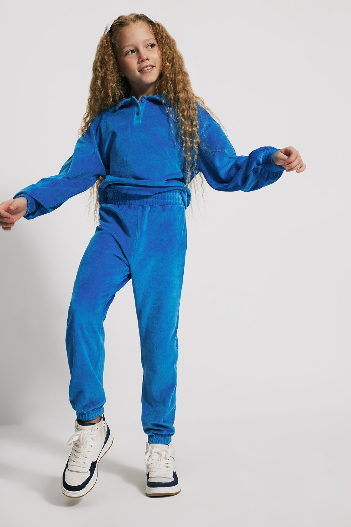 (Kids Girl) Loose Fit Kadife Mavi Jogger