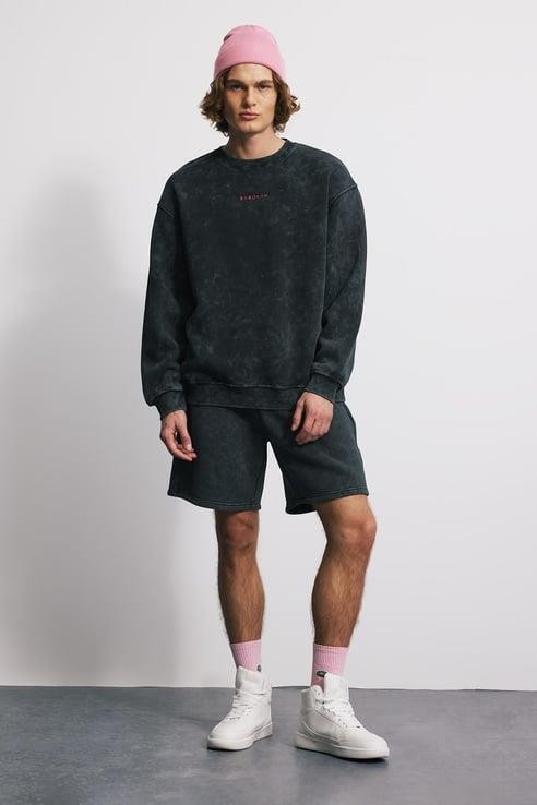 Eskitme Efektli Loose Fit Unisex Sweatshirt - SİYAH