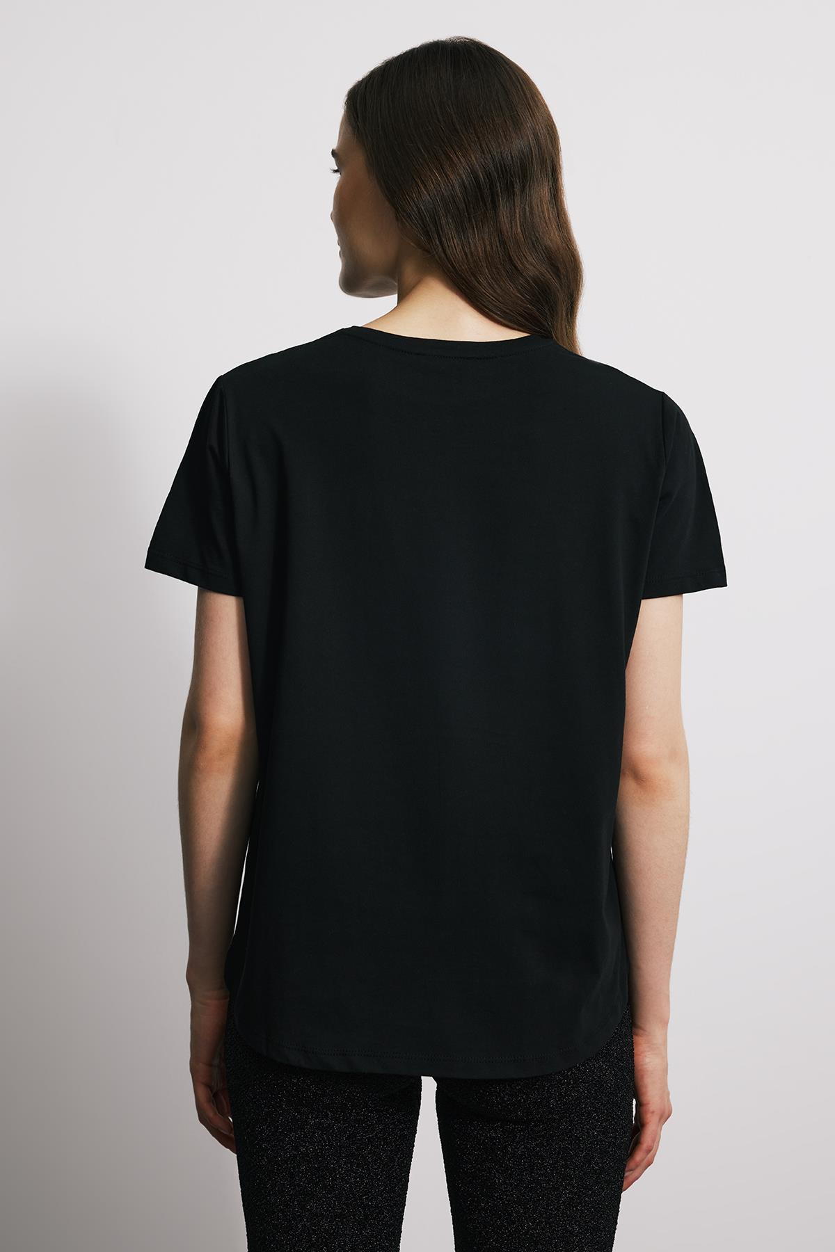 Kısa Kollu Asimetrik Kadın Tshirt - SİYAH