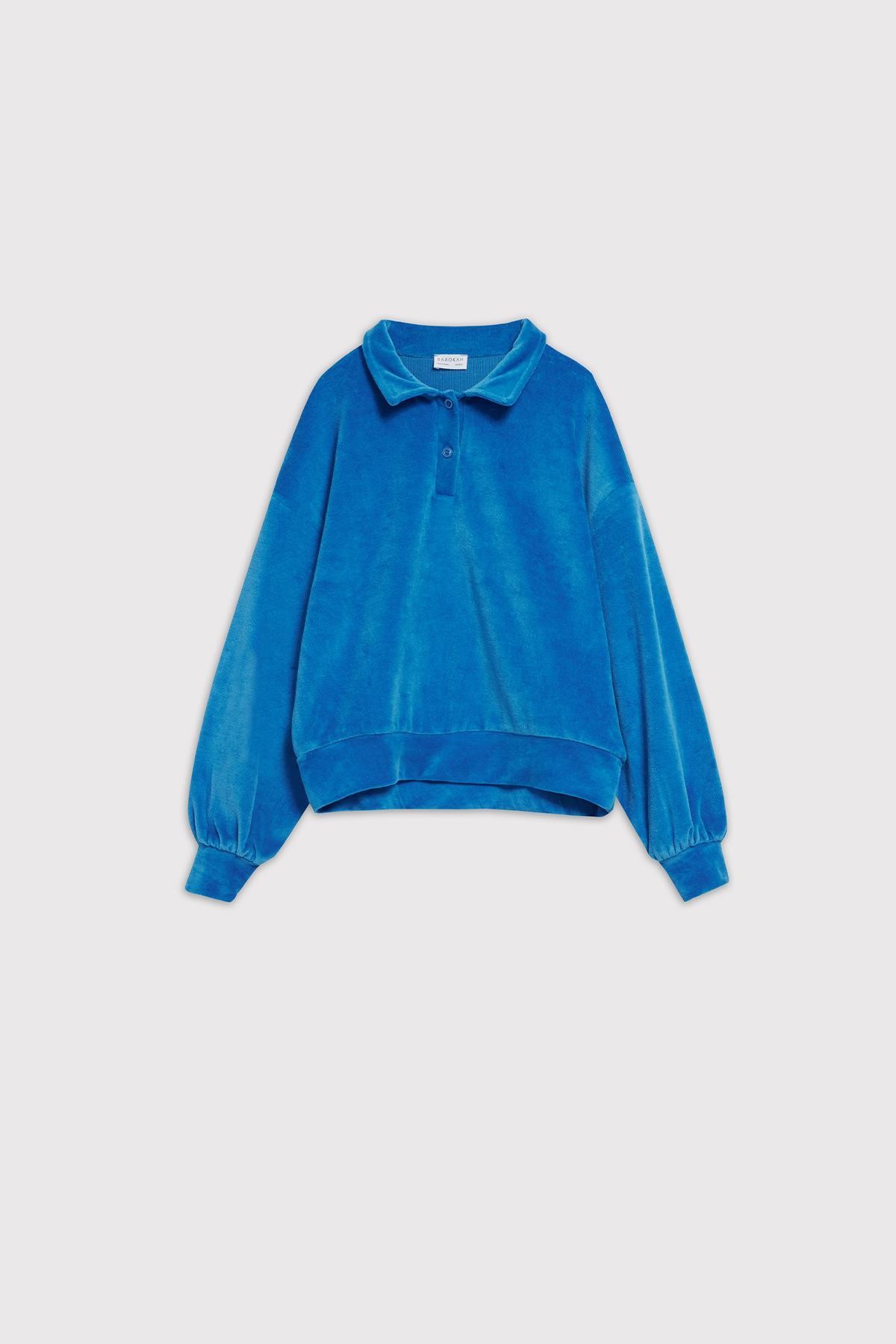 (Kids Girl) Polo Yaka Kadife Mavi Sweatshirt