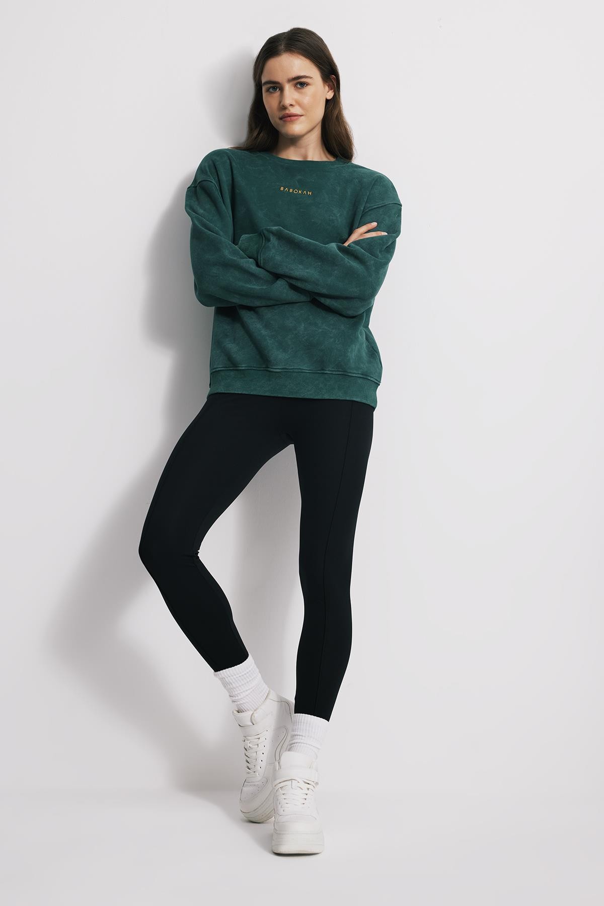 Eskitme Efektli Loose Fit Unisex Sweatshirt - KOYU YEŞİL