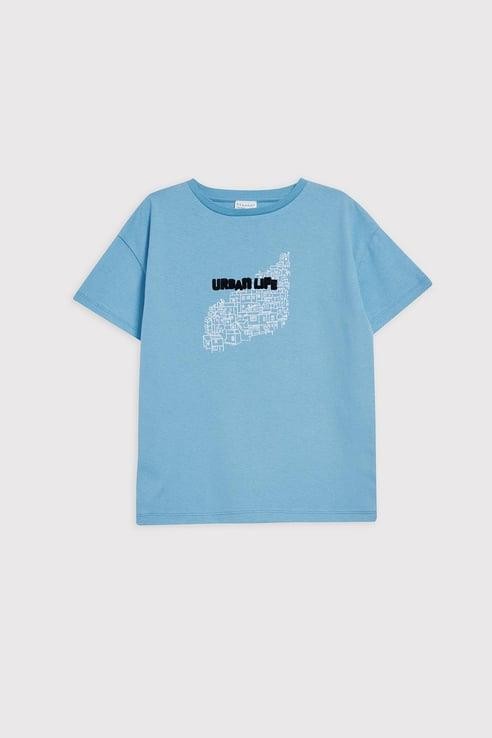 (Kids Boy) Nakışlı Heavy Jersey Oversize Fit T-shirt - MAVİ