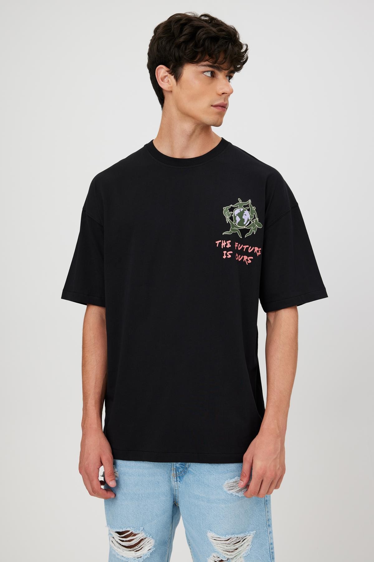 Ön Arka Baskılı Oversize Fit T-Shirt - SİYAH