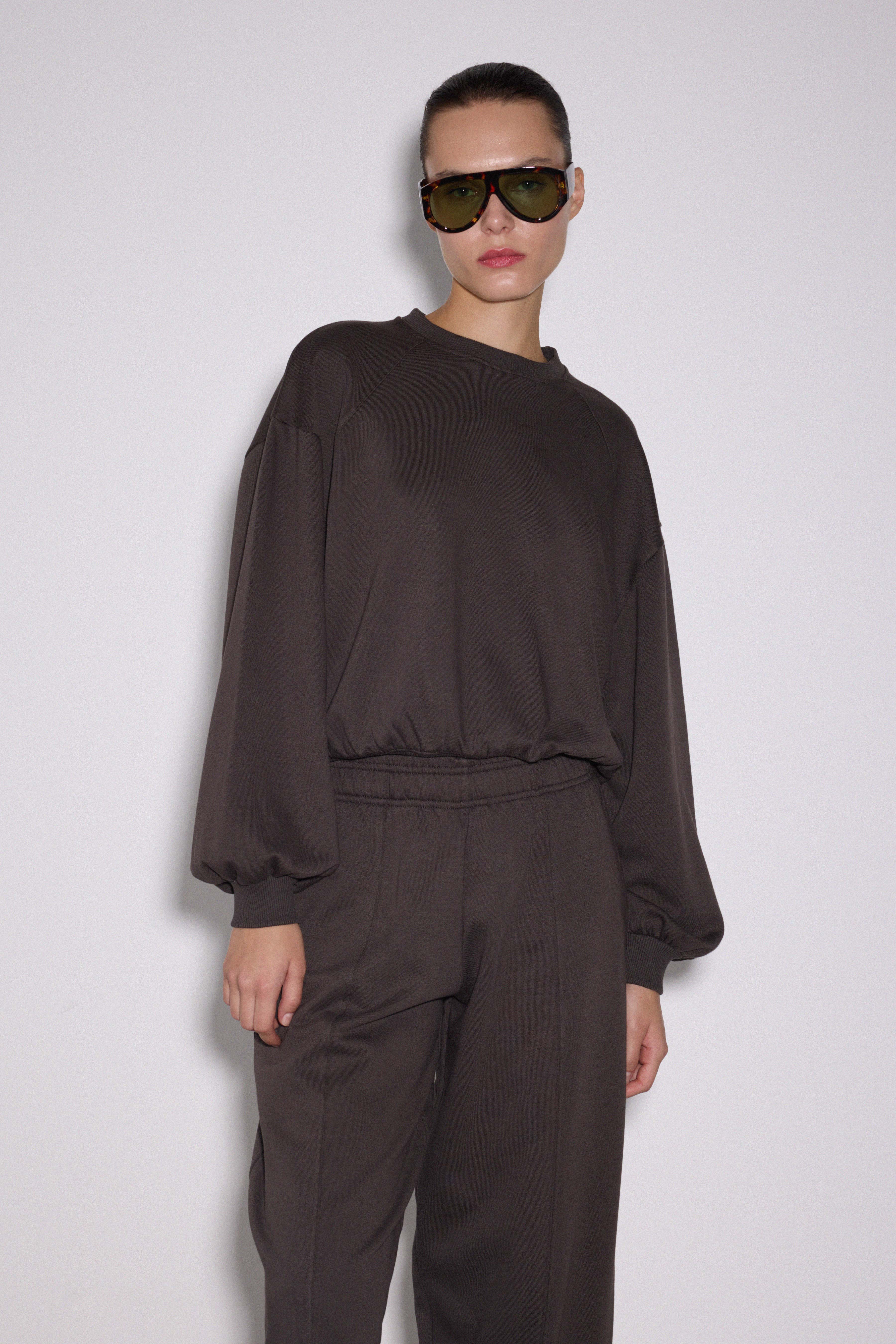 Dikişli Balon Kol Sweatshirt - KAHVERENGİ