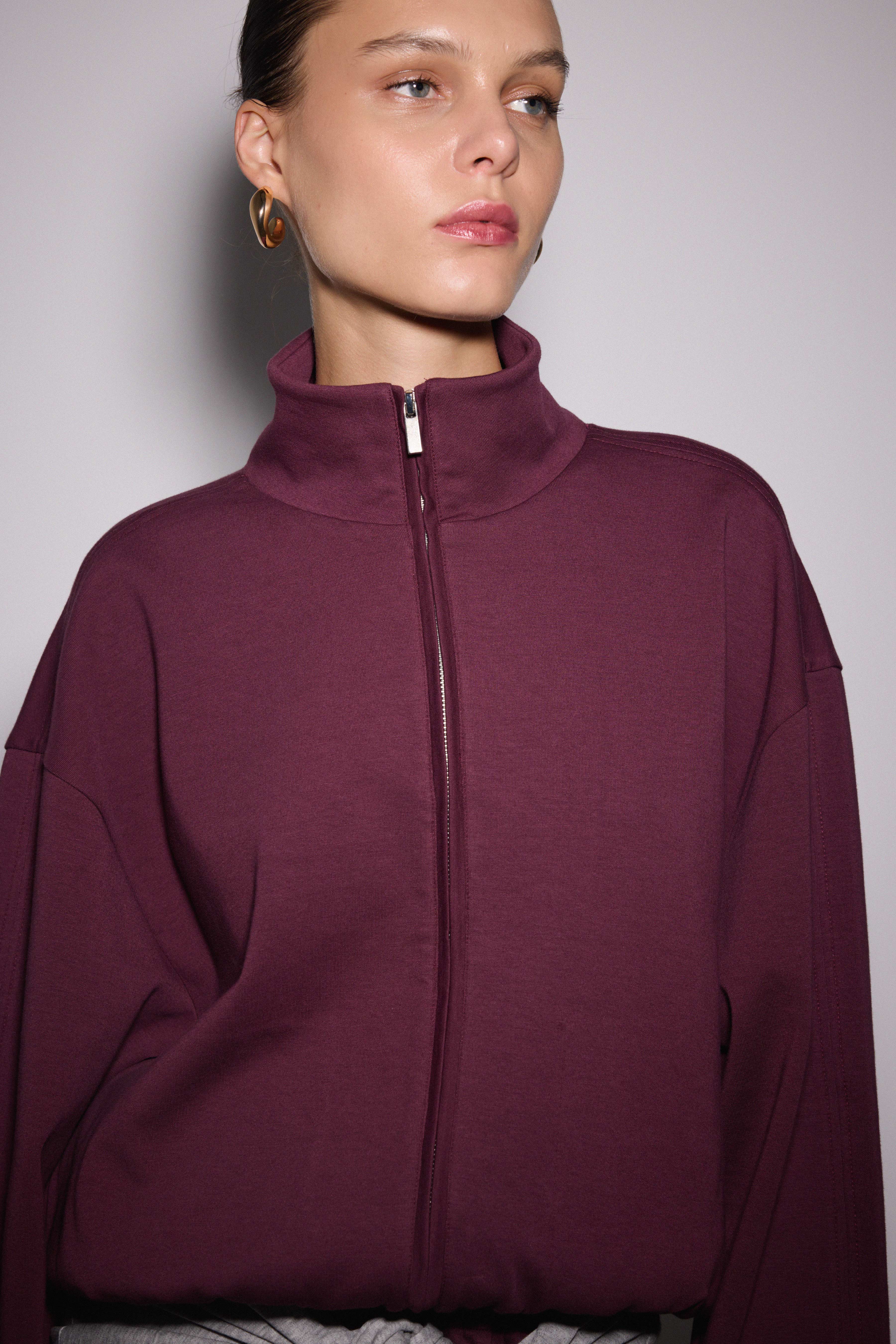 Dik Yaka Fermuarlı İnterlok Sweat Ceket - MÜRDÜM