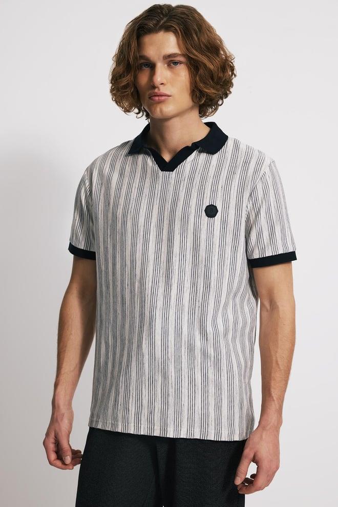 V Yaka Dokulu Comfort Fit Polo - BEYAZ ÇİZGİLİ