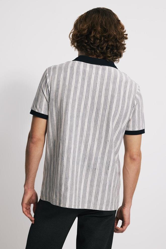 V Yaka Dokulu Comfort Fit Polo - BEYAZ ÇİZGİLİ