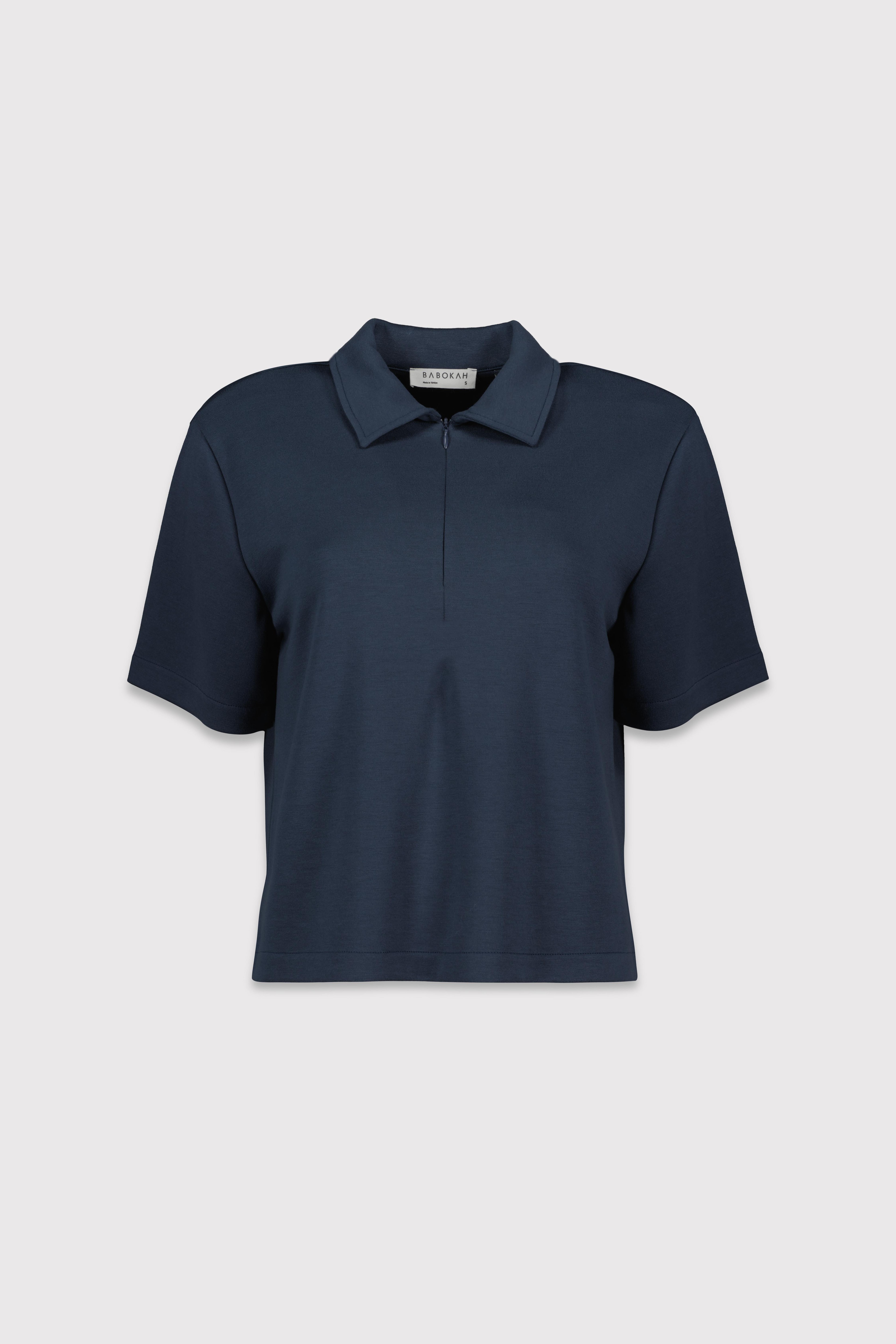 Polo Yaka Fermuarlı Kısa Kol Tshirt - LACİVERT