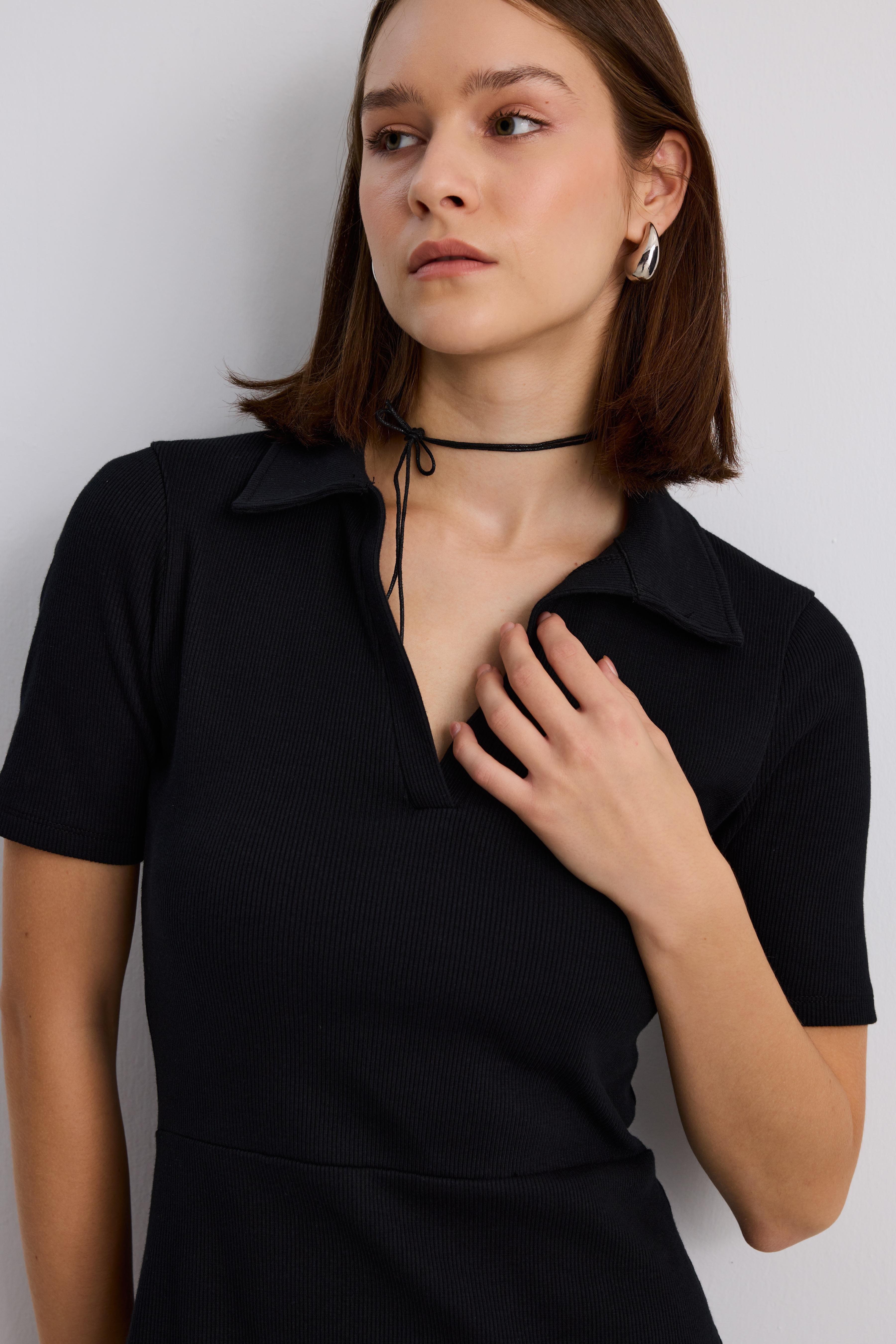 Polo Yaka Fitilli Elbise - SİYAH