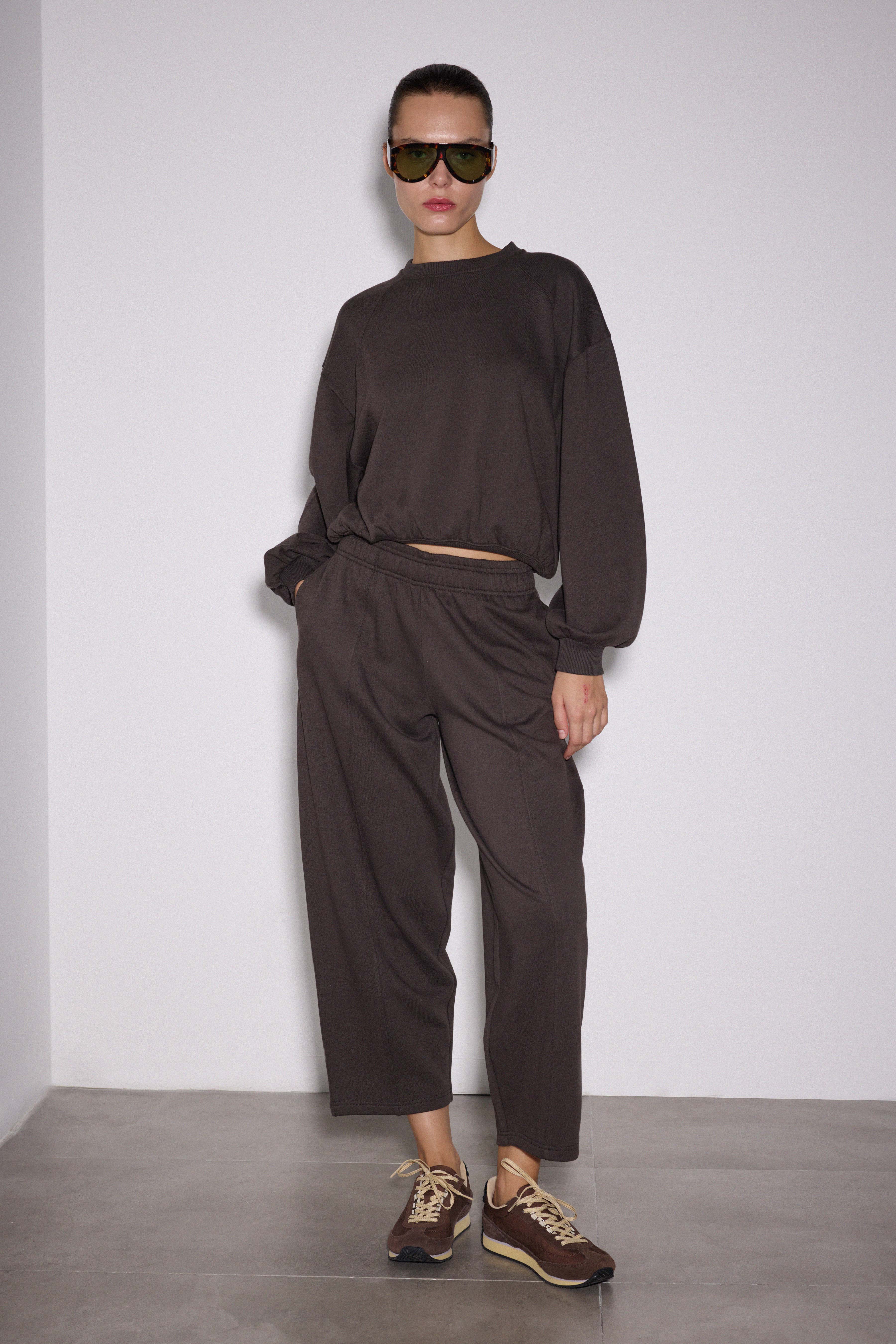 Dikişli Balon Kol Sweatshirt - KAHVERENGİ