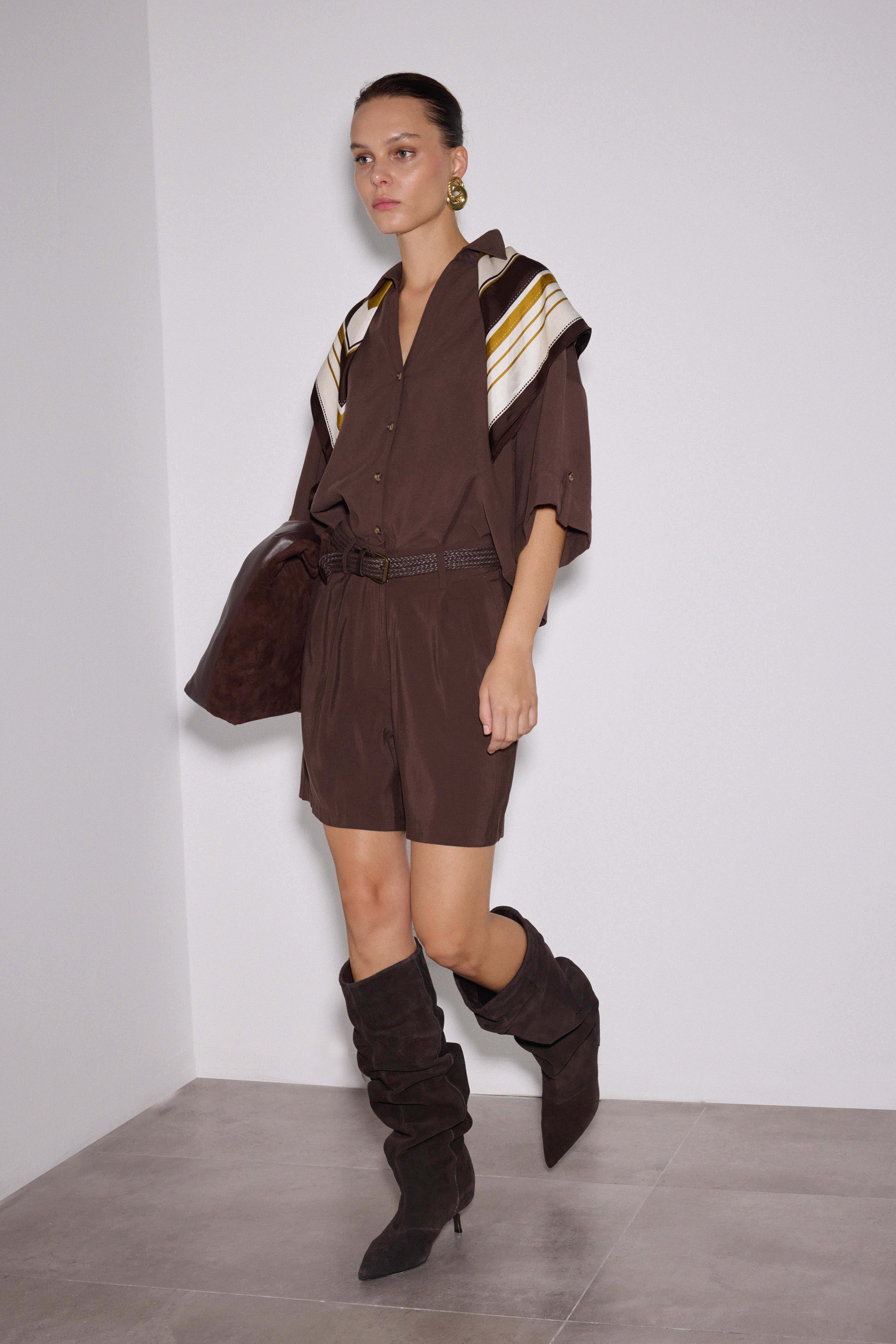 Modal V Yaka Gömlek - KAHVERENGİ