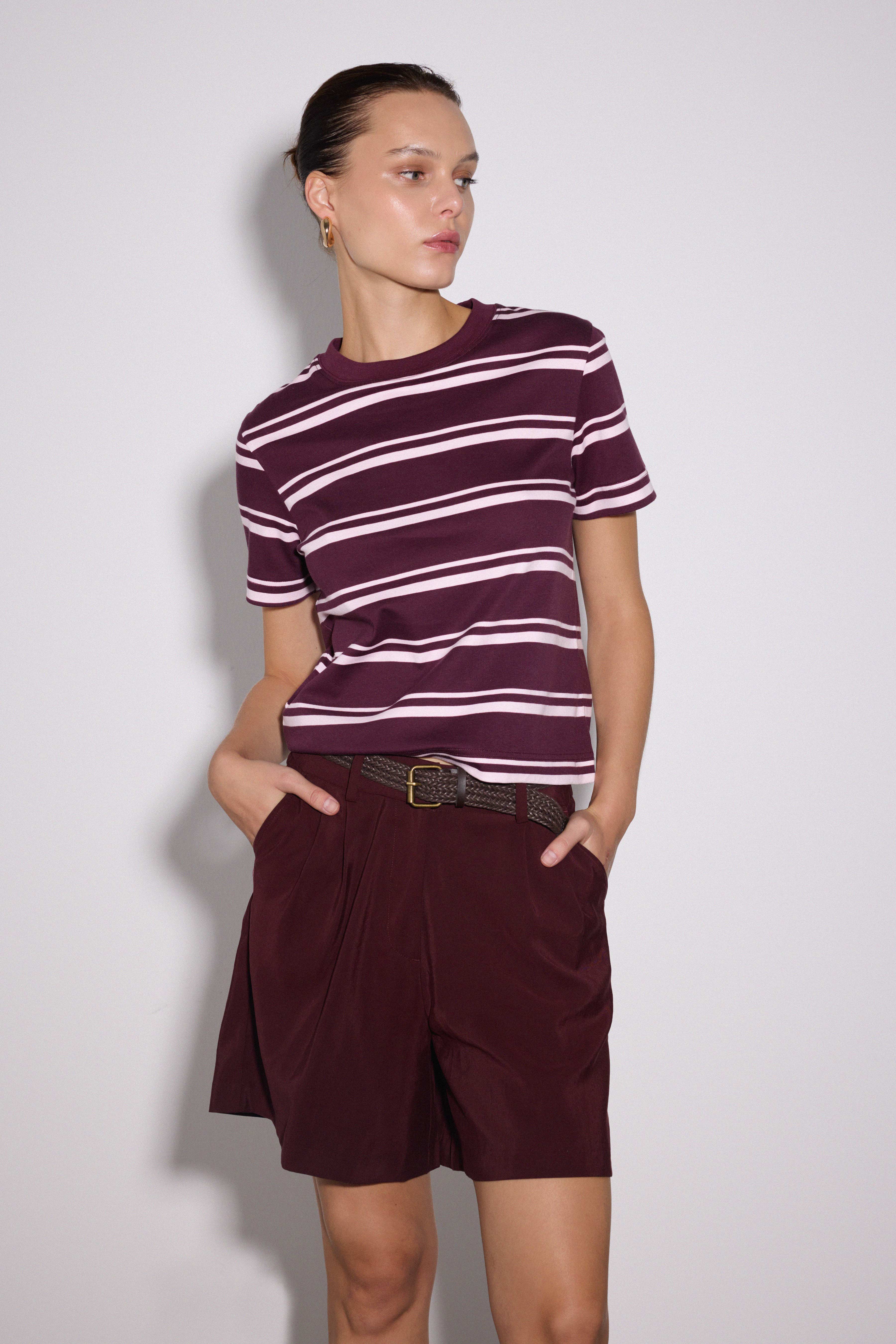 Çizgili Regular Basic Tshirt - BORDO ÇİZGİLİ