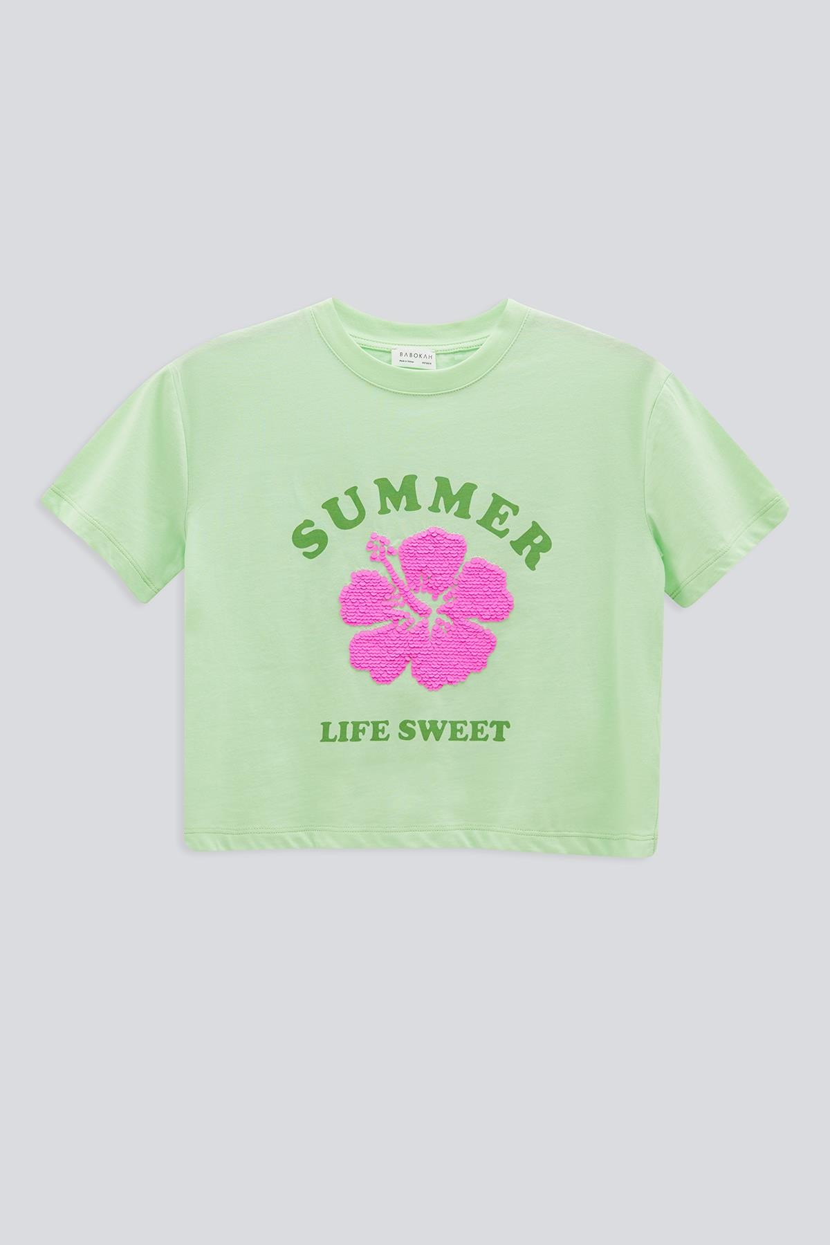 (Kids Girl) Tropik Baskı Ve Payetli Crop T-Shirt