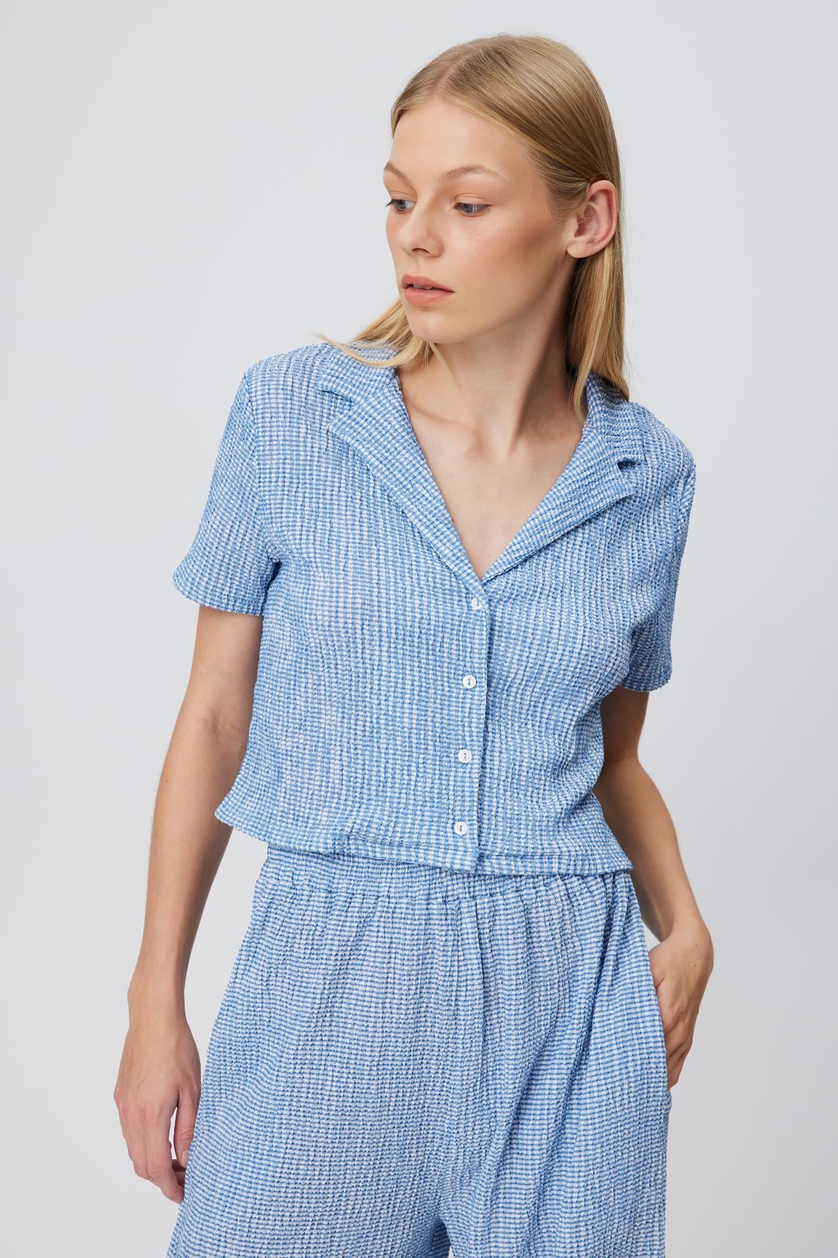 Vichy Desen Pijama Yaka Crop Gömlek