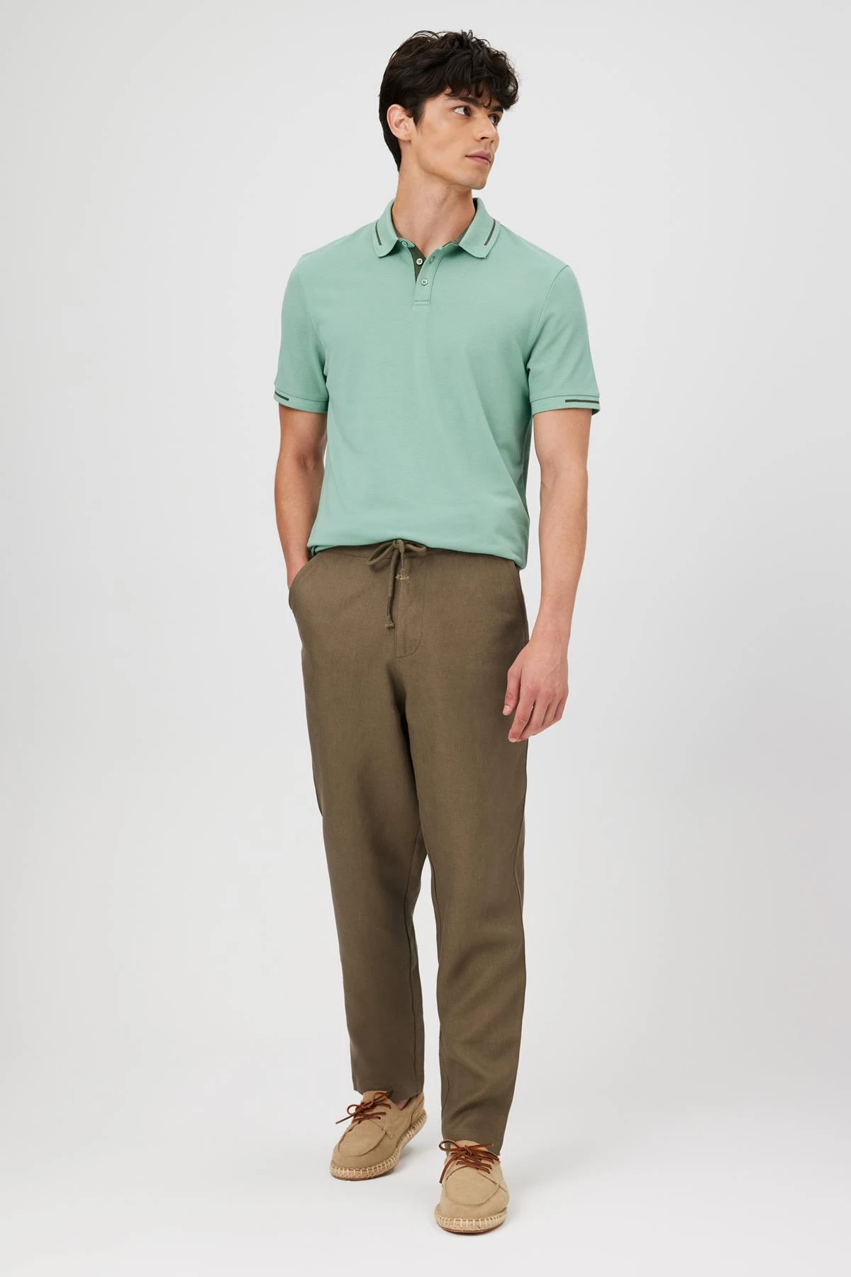 Çizgili Triko Yaka Kısa Kol Polo - YEŞİL